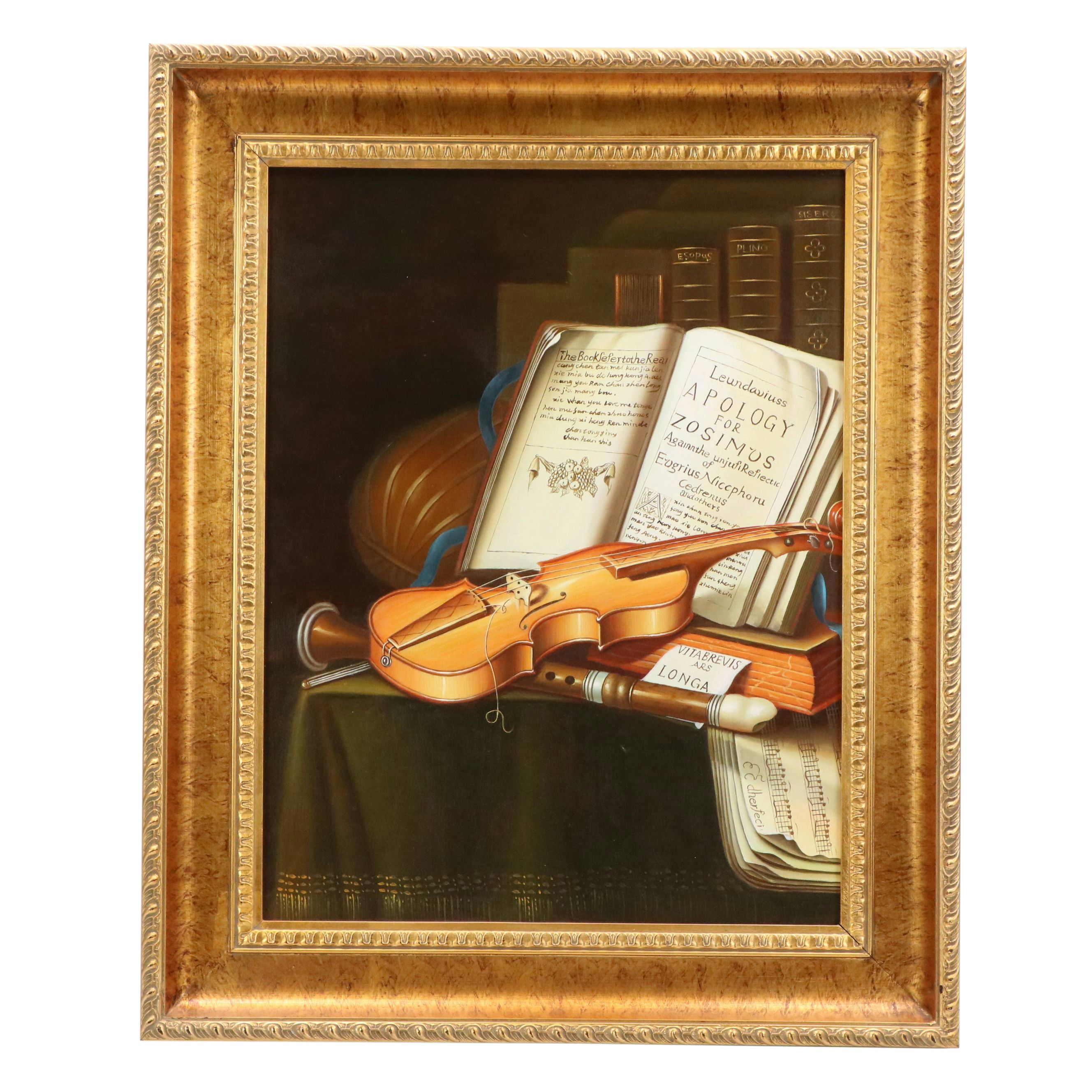 Still Life Oil Painting of Musical Instruments, Late 20th to Early 21st C.