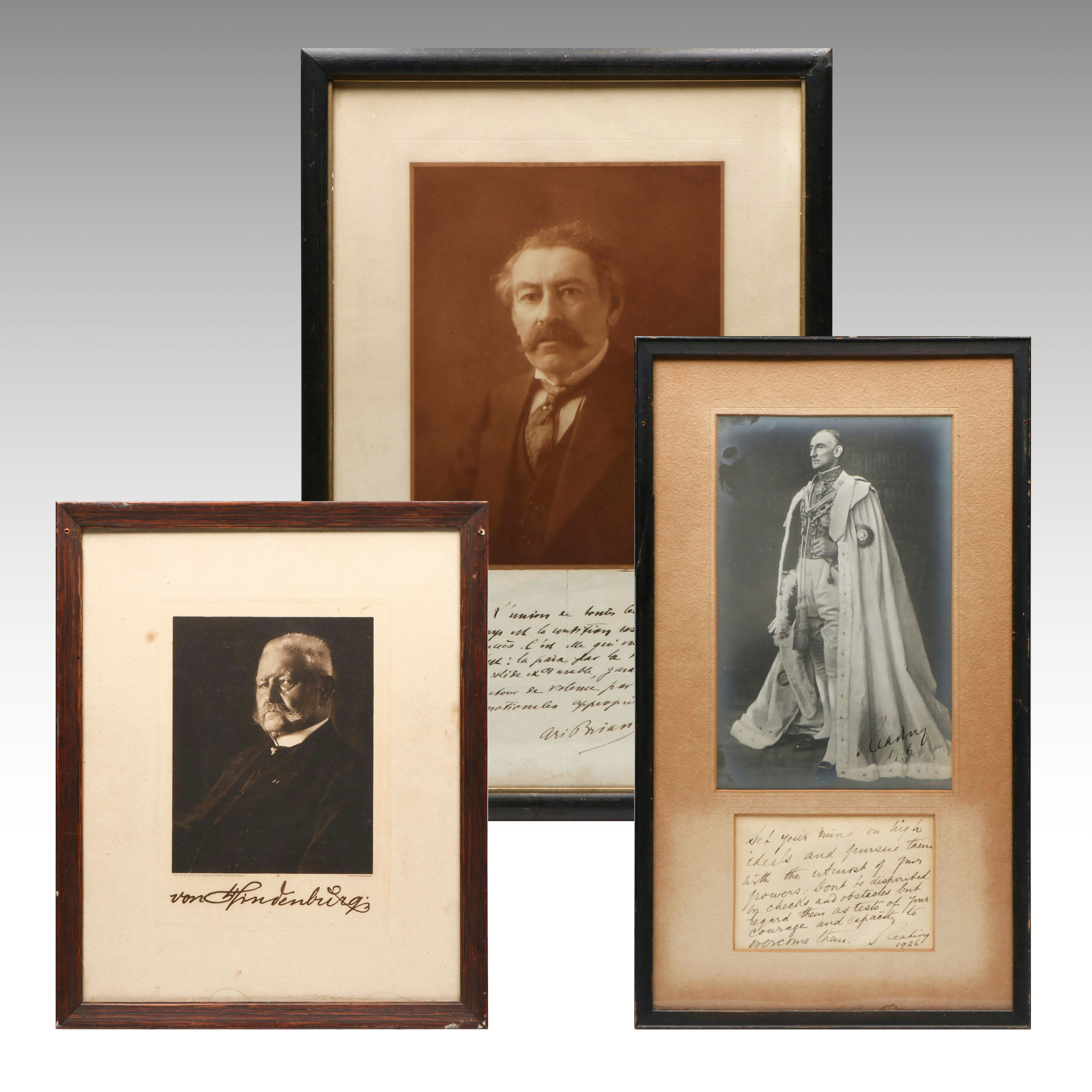 Paul Von Hindenburg, Rufus Isaacs and Aristide Briand Signed Photographs
