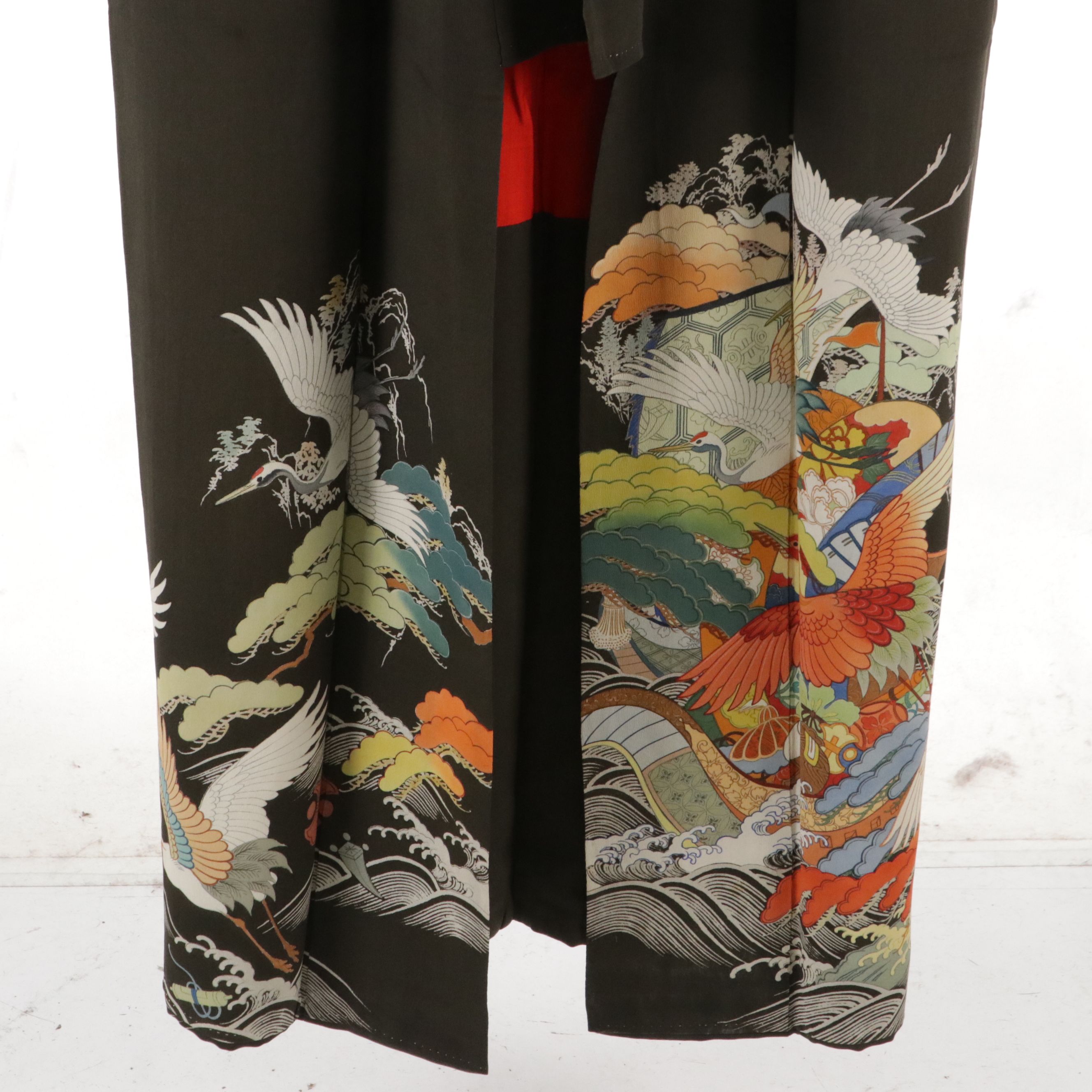 Japanese Silk Irotomesode Kimono with Cranes and Hat of Pine