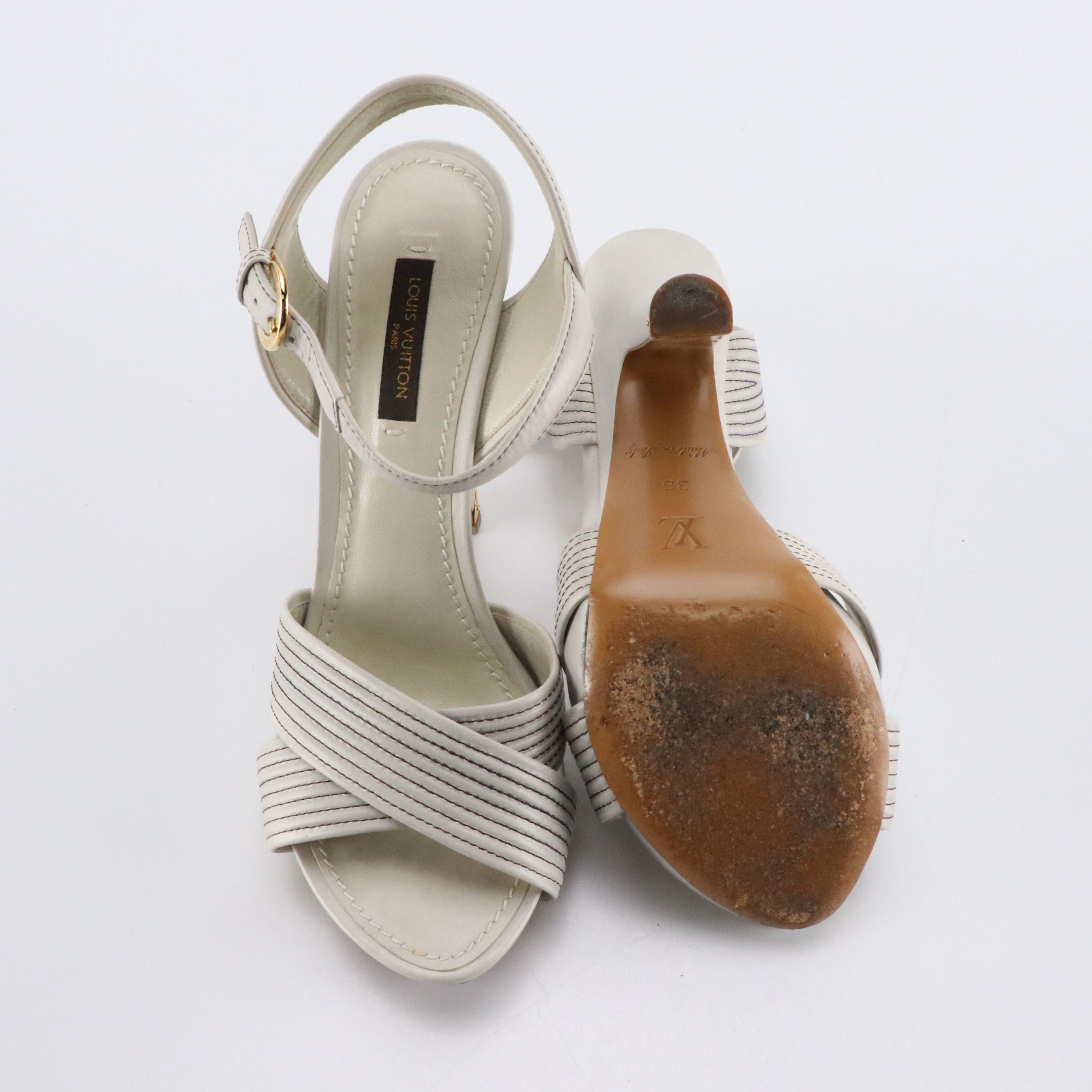 Louis Vuitton Grey Leather Ankle Strap Dress Sandals with Contrast Stitching