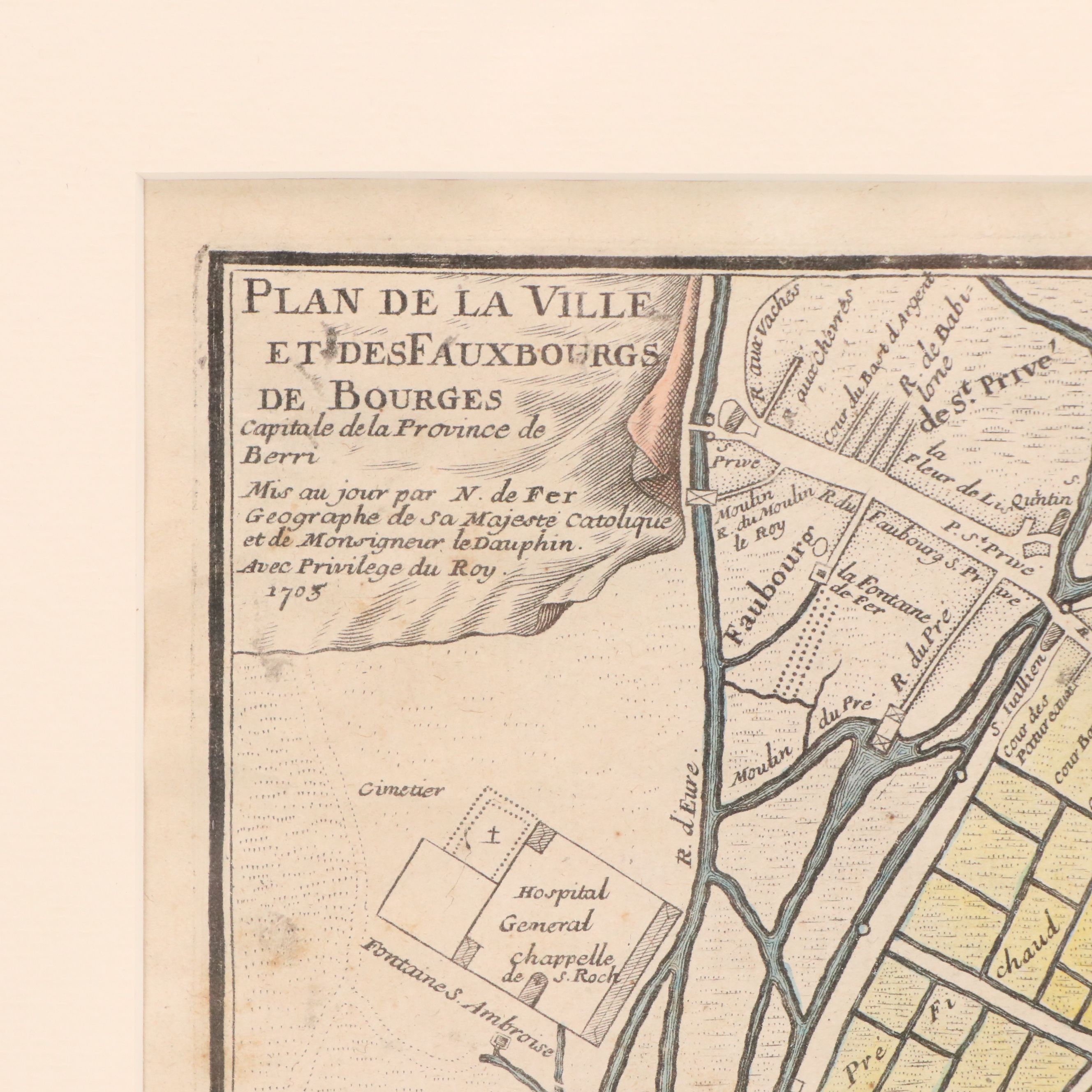 Nicolas de Fer Map Engraving "Plan de la Ville et des Fauxbourgs de Bourges"