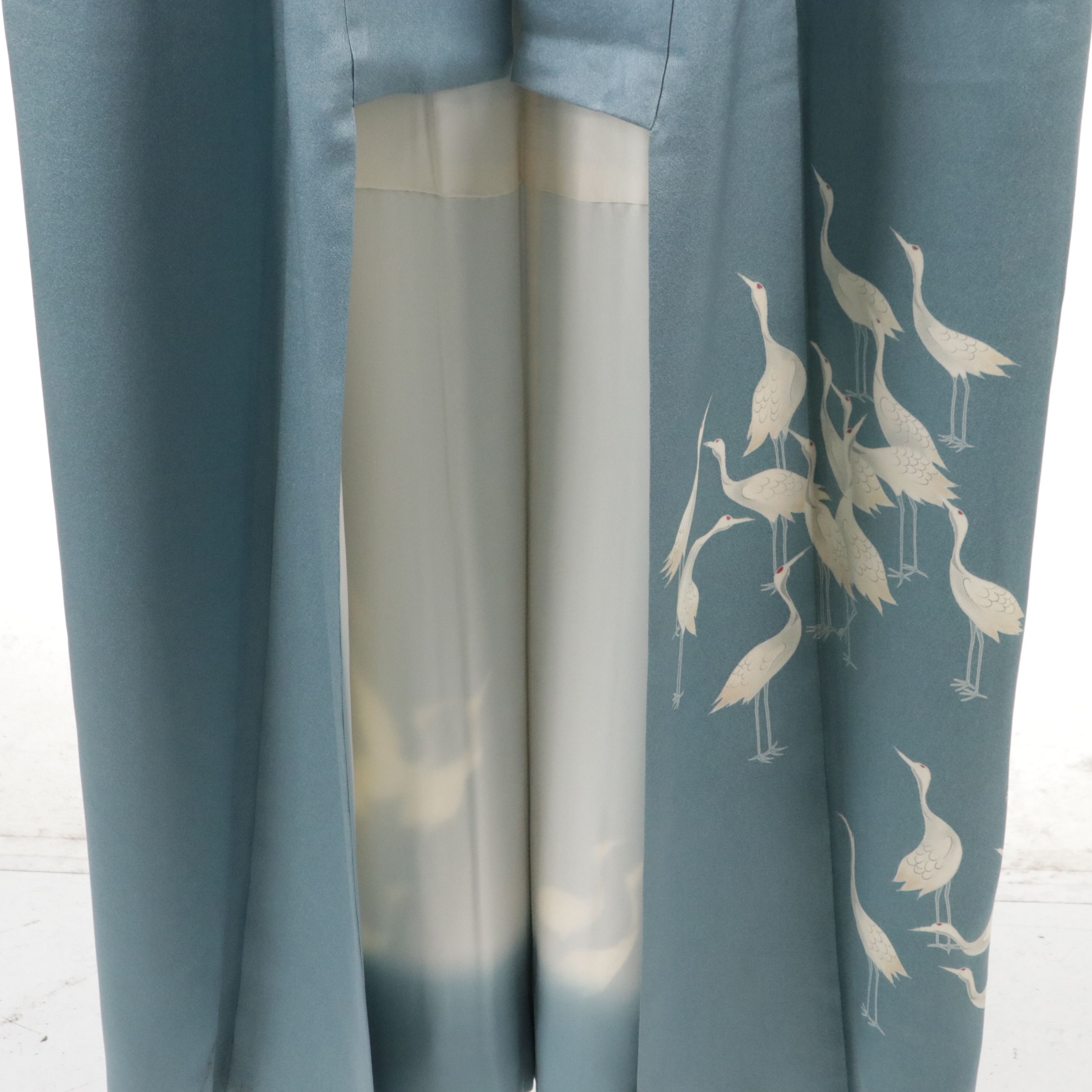 Japanese Blue Silk Kimono with Crane Motifs