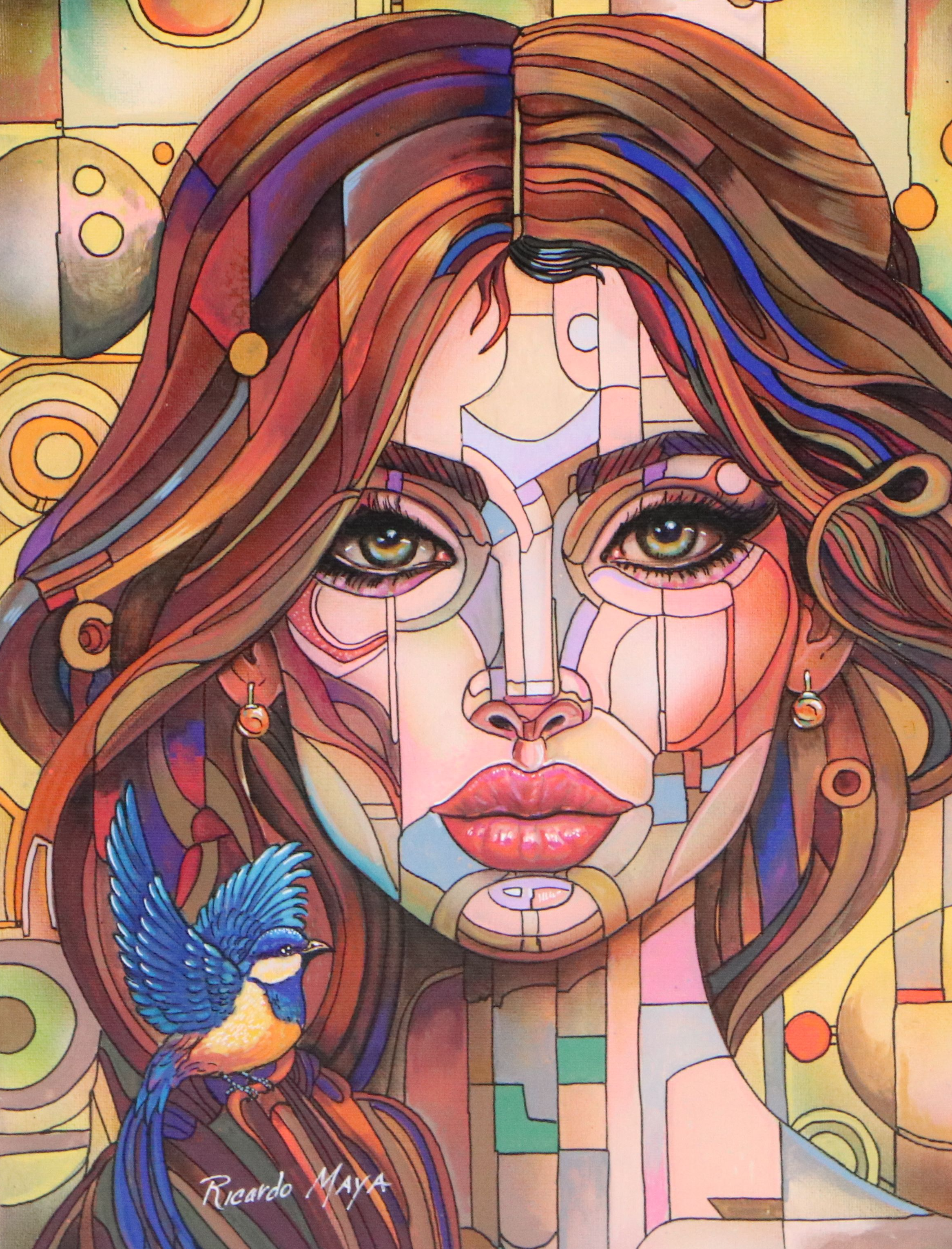 Ricardo Maya Stylized Acrylic Portrait of Woman, 21st Century