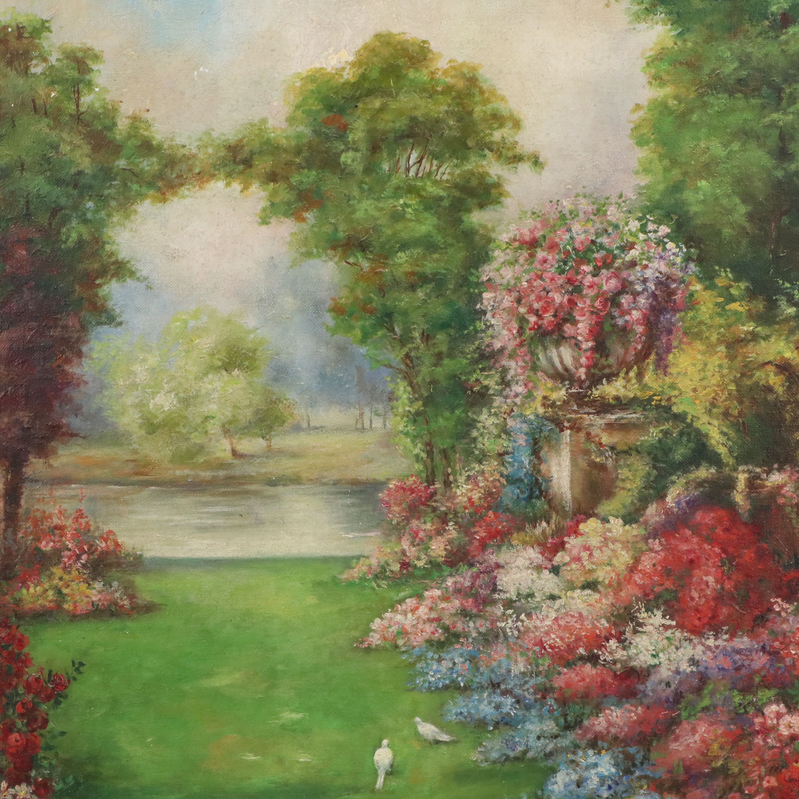 L. A. Parsons Oil Painting of Opulent Flower Garden, 20th Century