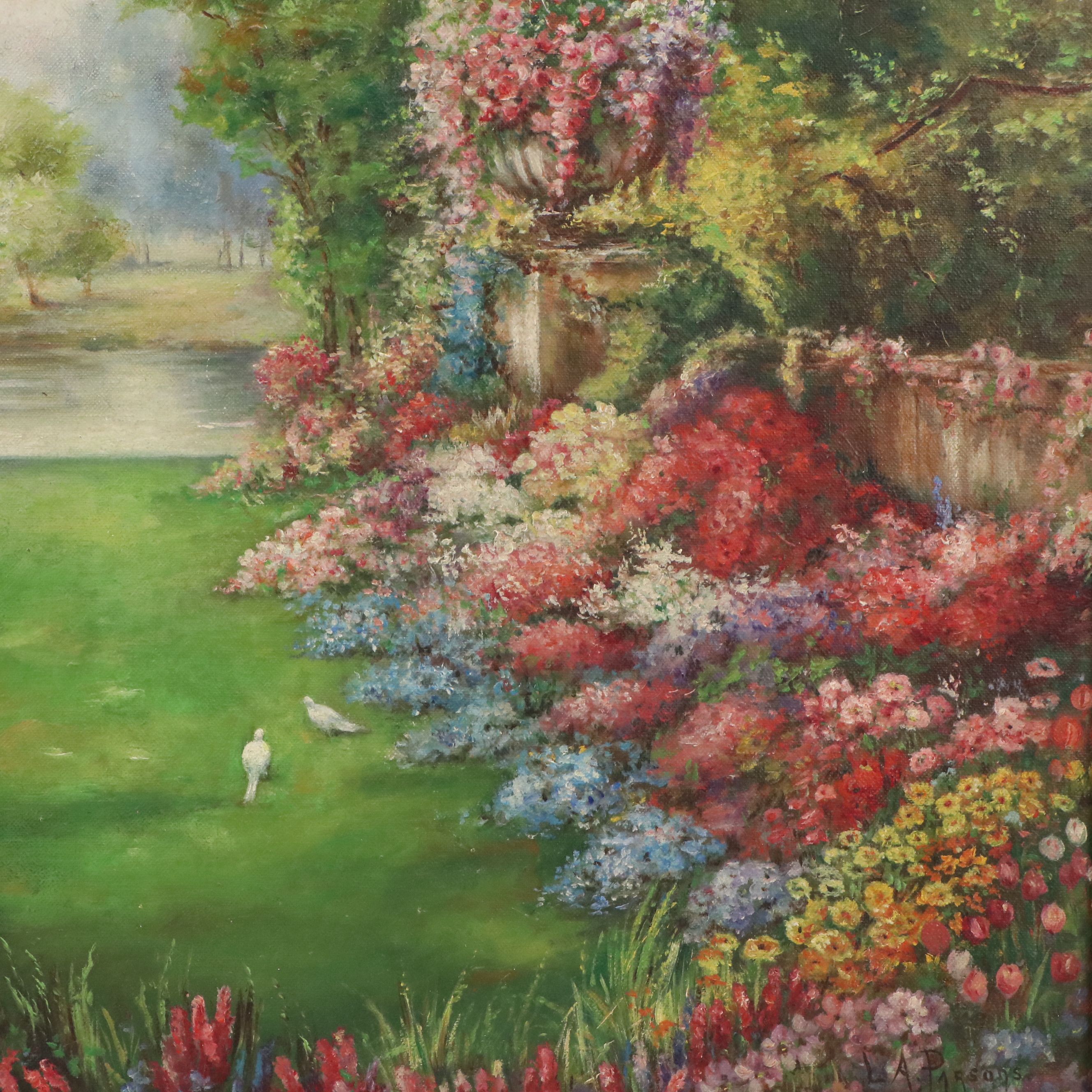 L. A. Parsons Oil Painting of Opulent Flower Garden, 20th Century