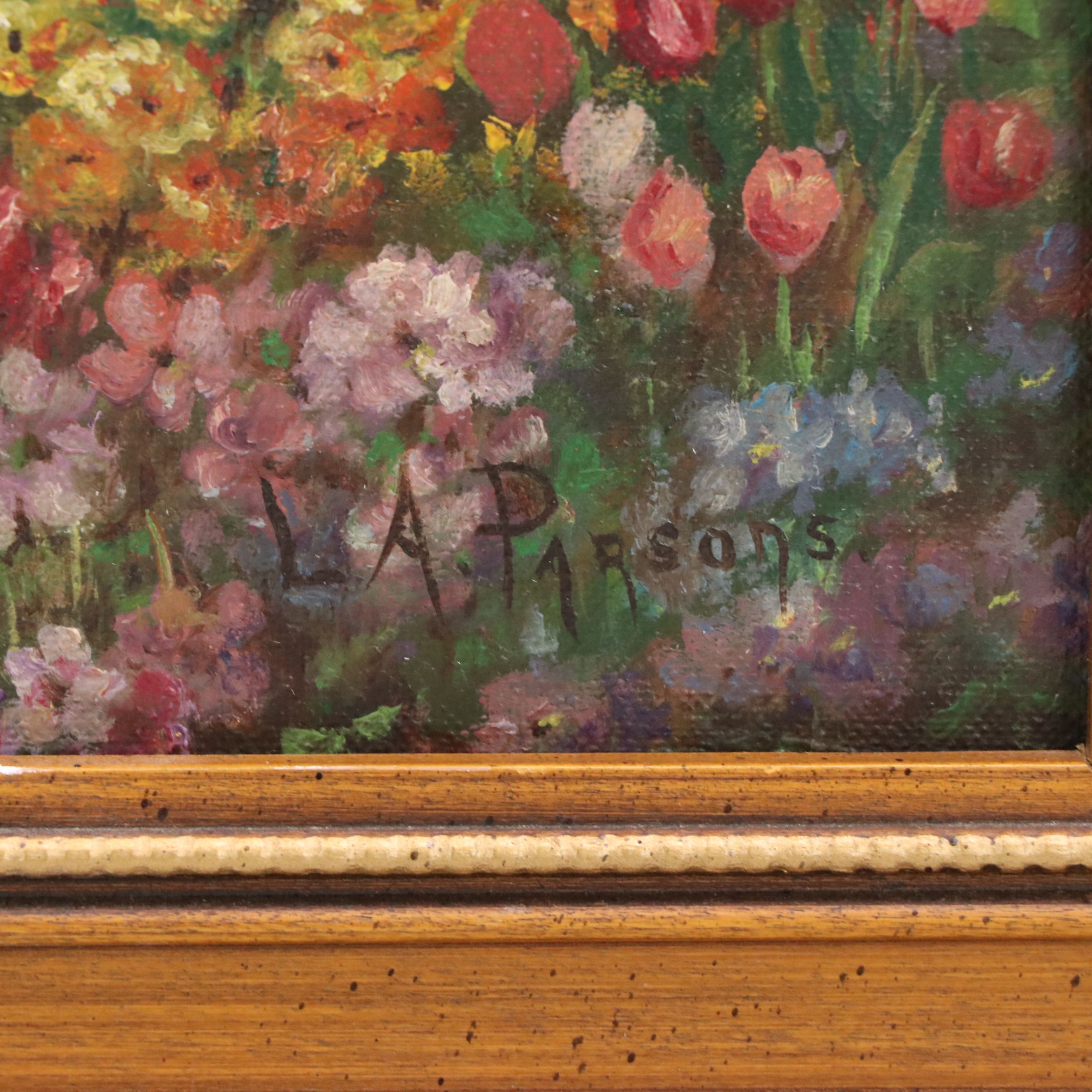 L. A. Parsons Oil Painting of Opulent Flower Garden, 20th Century