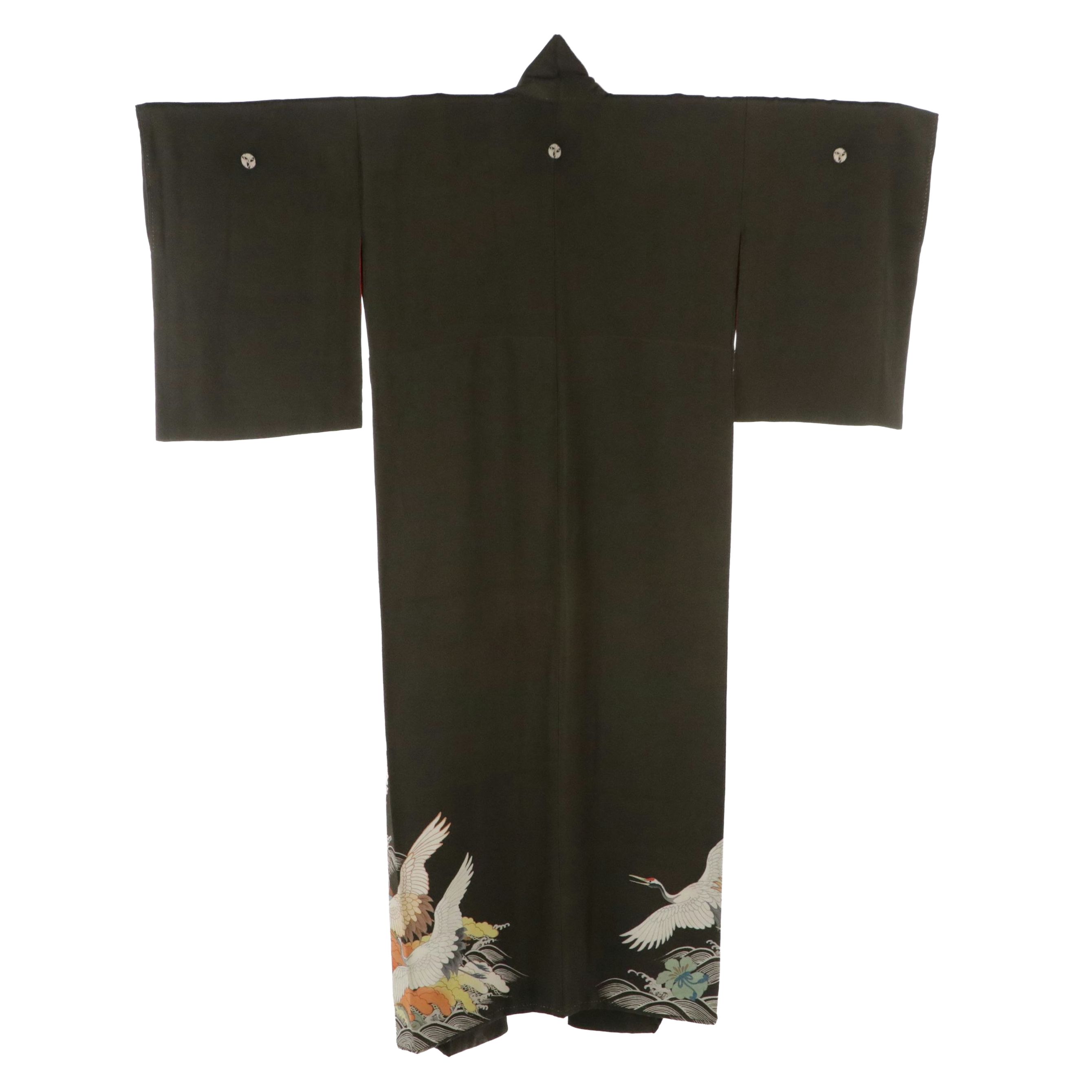 Japanese Silk Irotomesode Kimono with Cranes and Hat of Pine