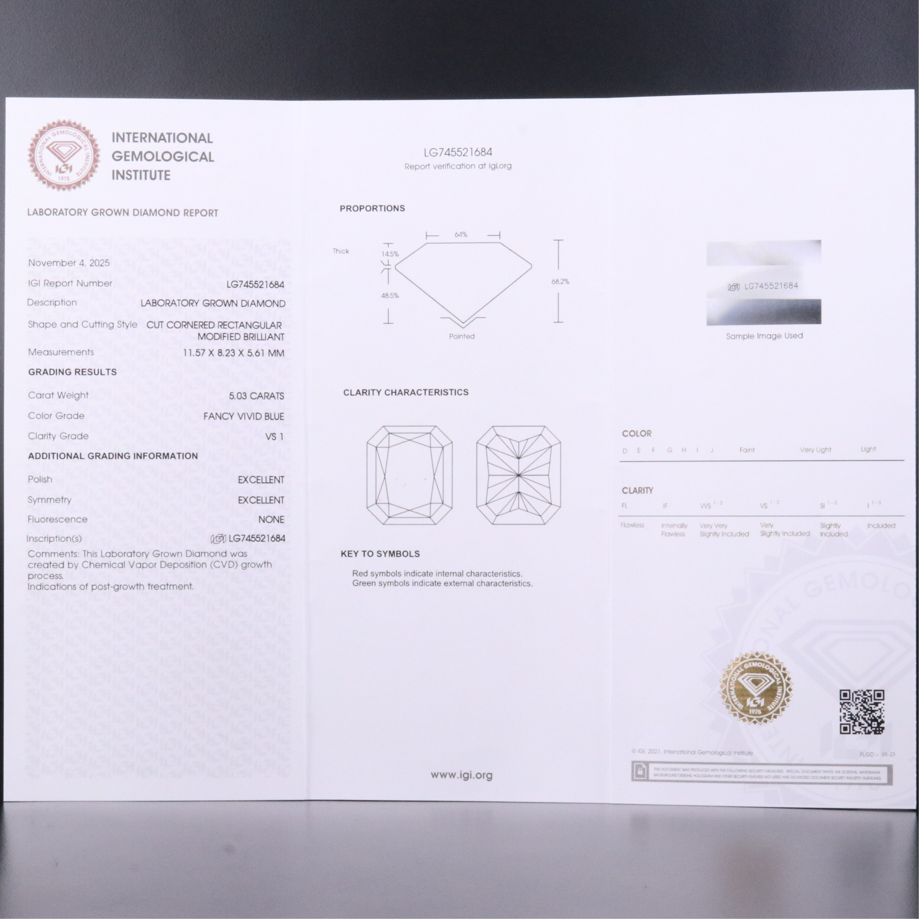 18K 5.37 CTW Lab Grown Diamond Ring with Fancy Vivid Blue Center and IGI Report