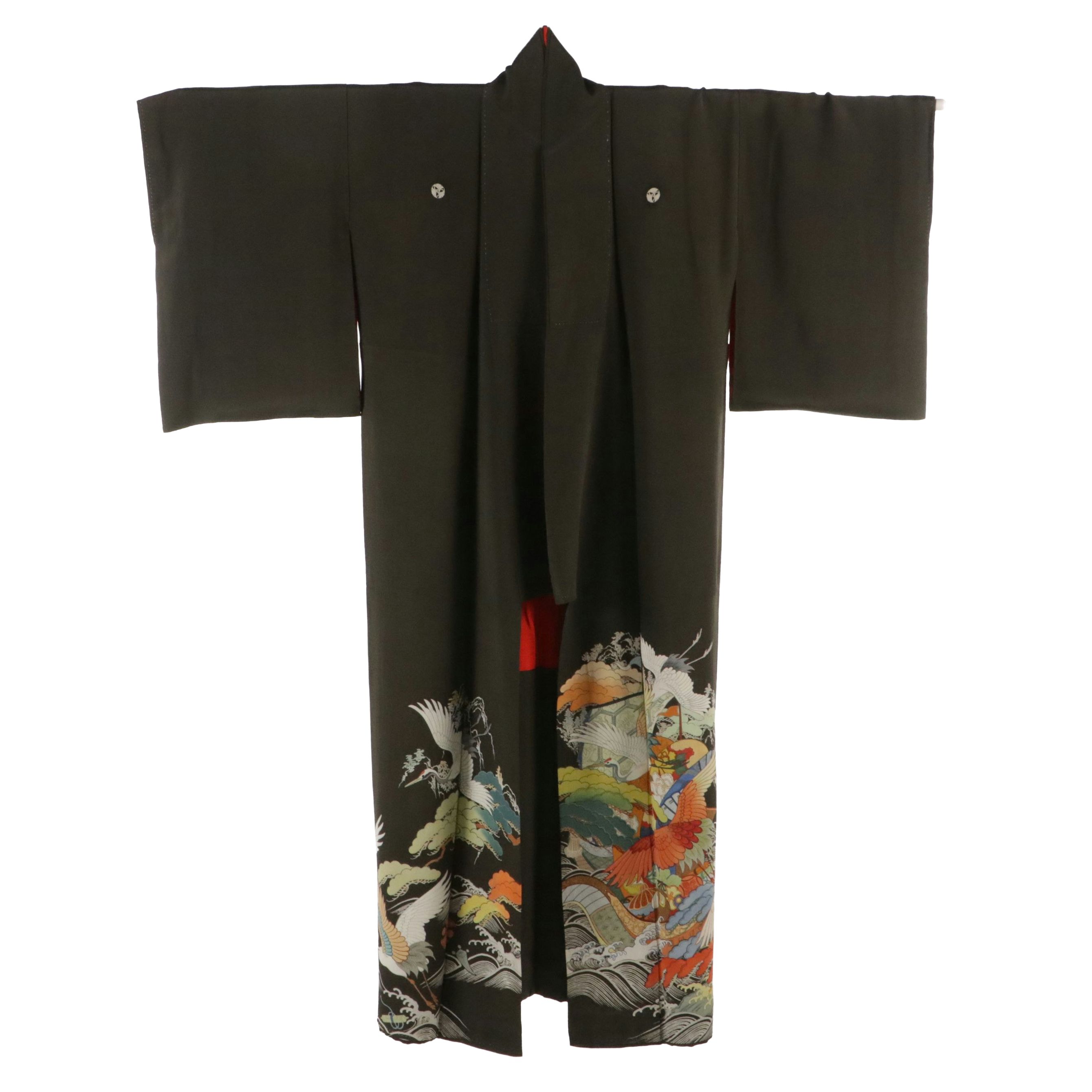 Japanese Silk Irotomesode Kimono with Cranes and Hat of Pine