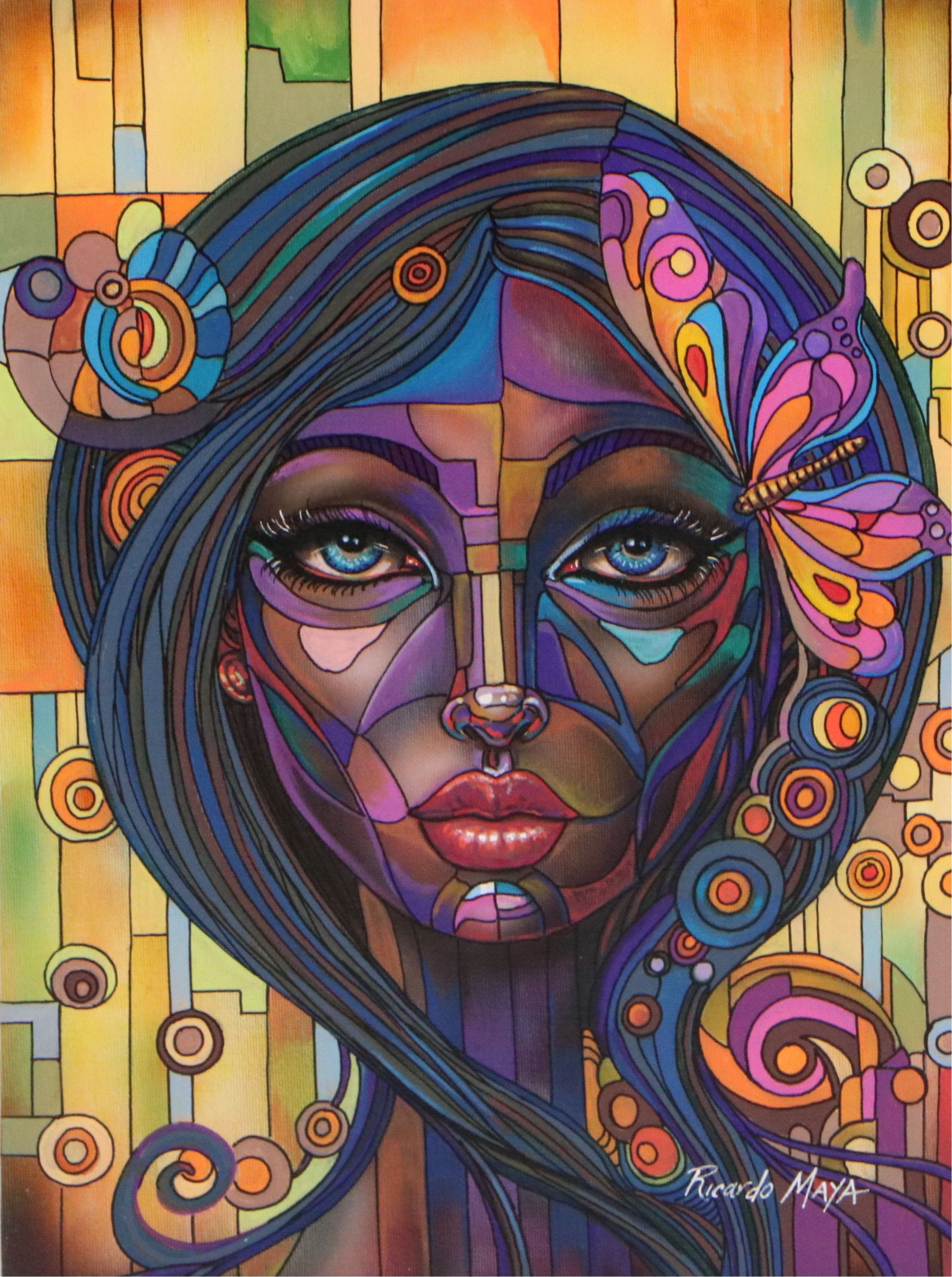 Ricardo Maya Stylized Acrylic Portrait of Purple Woman, 21st Century