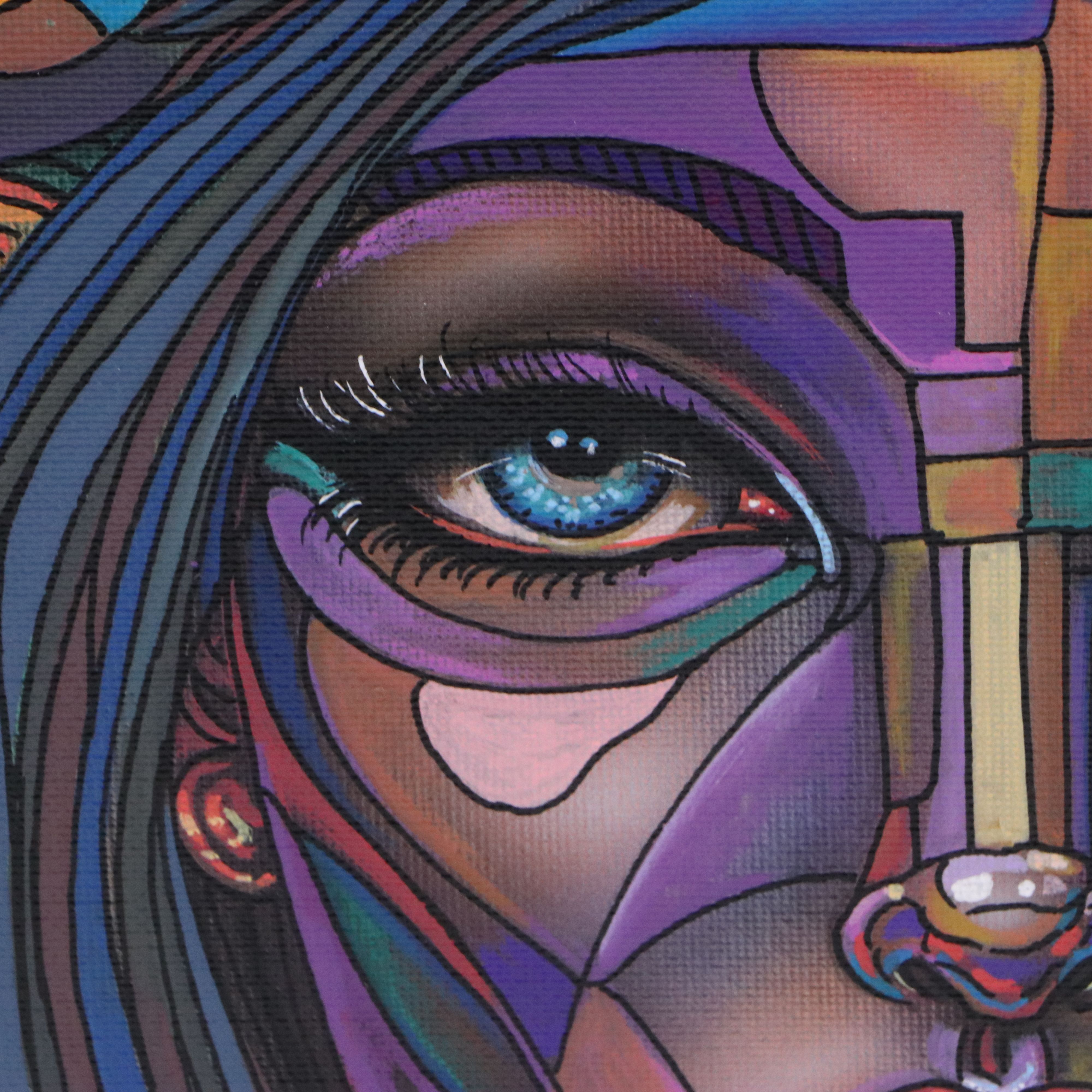 Ricardo Maya Stylized Acrylic Portrait of Purple Woman, 21st Century