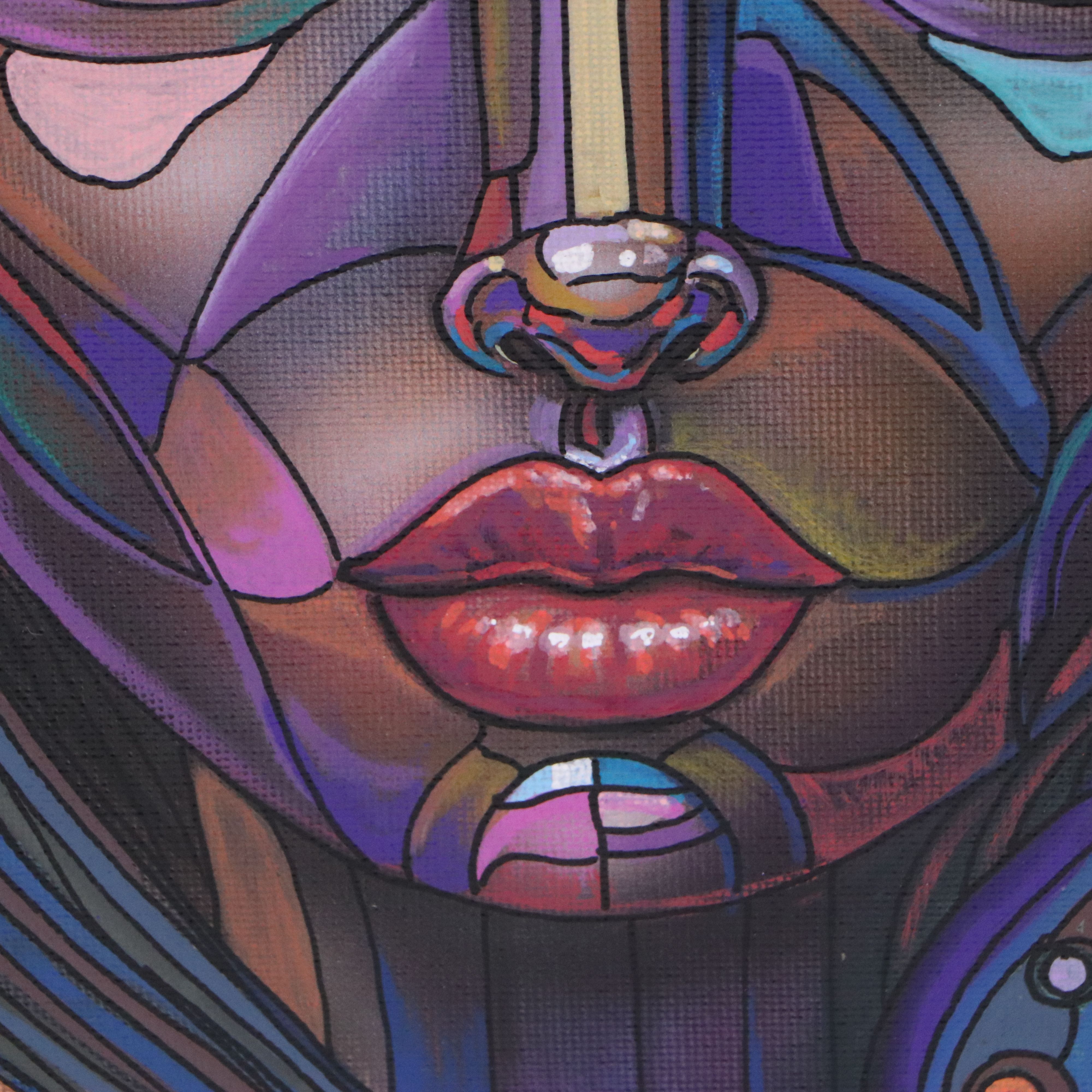Ricardo Maya Stylized Acrylic Portrait of Purple Woman, 21st Century