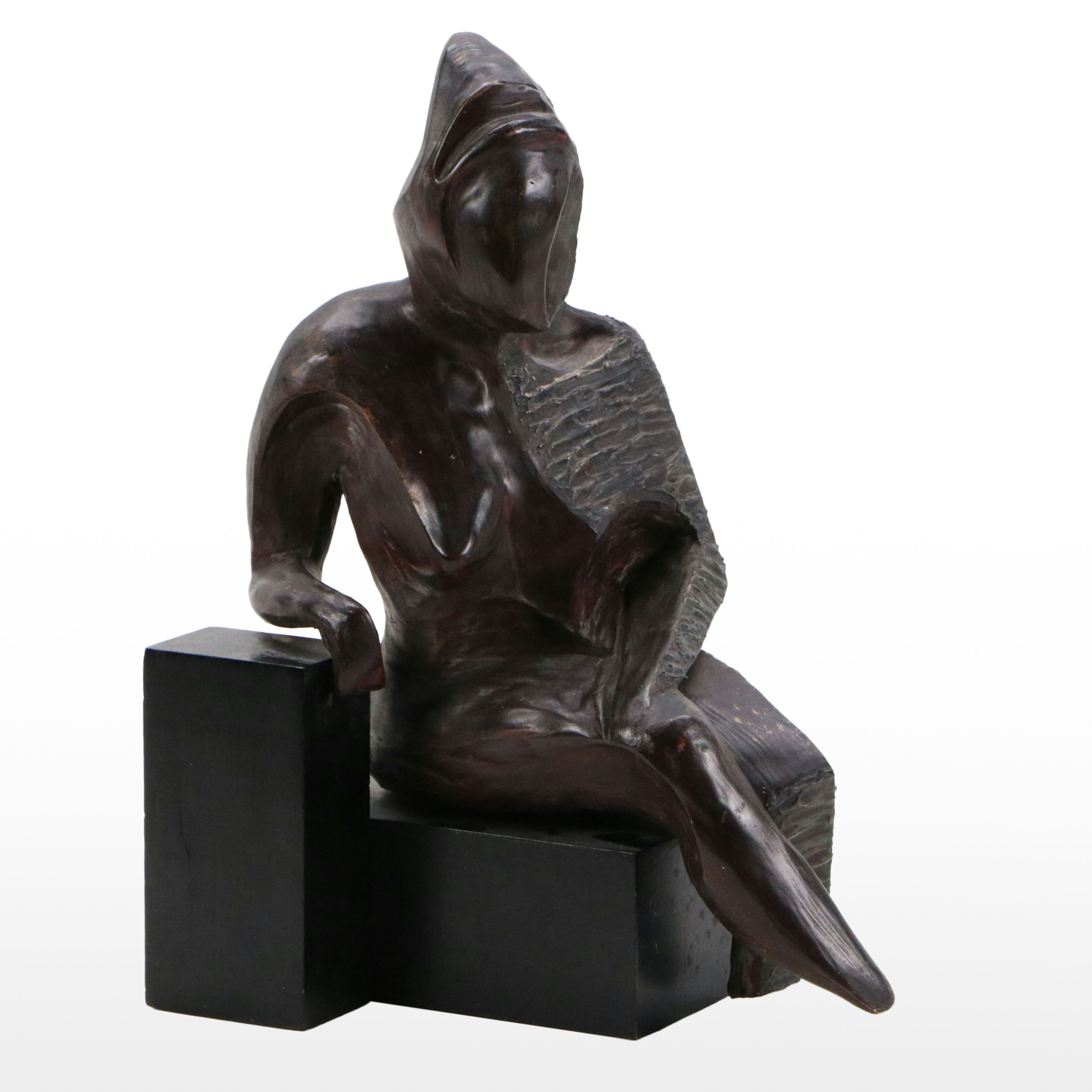 Painted Plaster Figure Sculpture on Wood Base