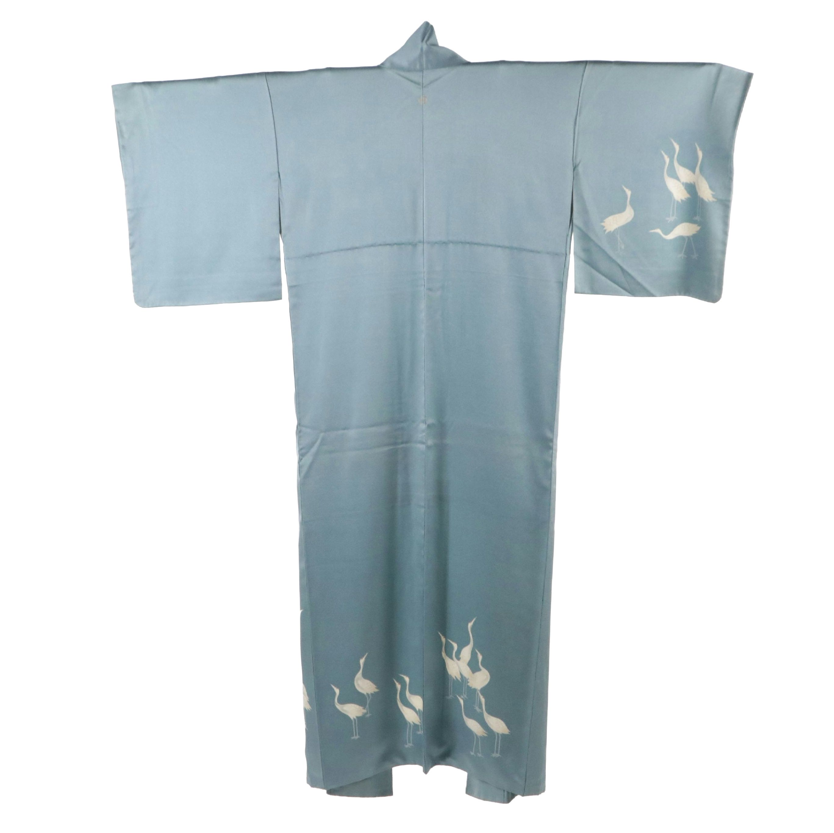 Japanese Blue Silk Kimono with Crane Motifs