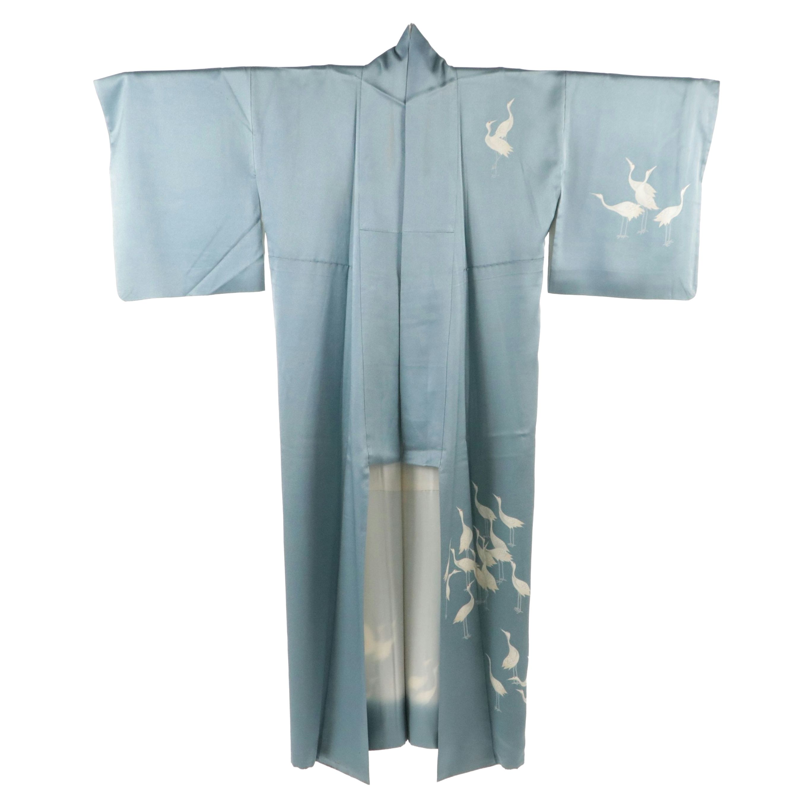 Japanese Blue Silk Kimono with Crane Motifs