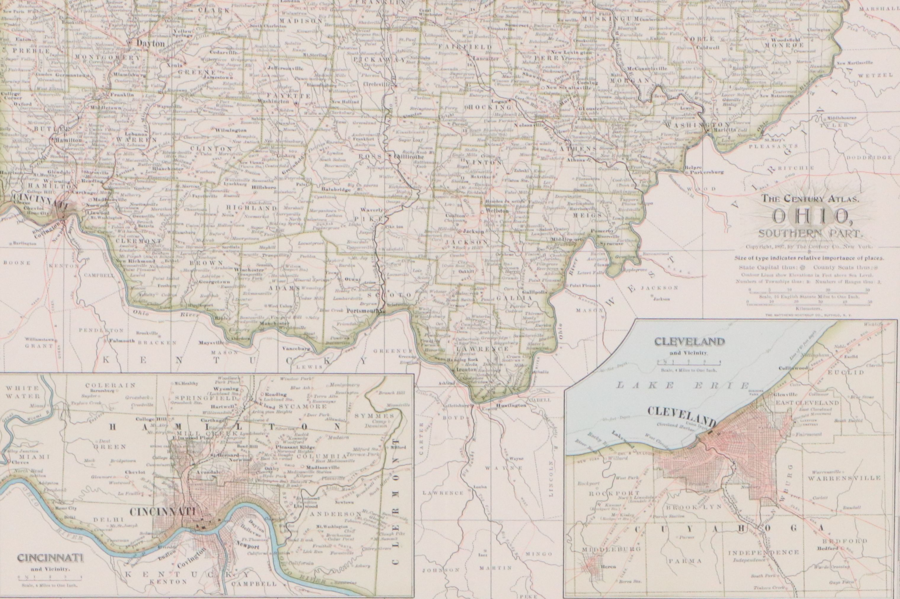 Wax Engraved Map "The Century Atlas: Ohio, Southern Part," 1897