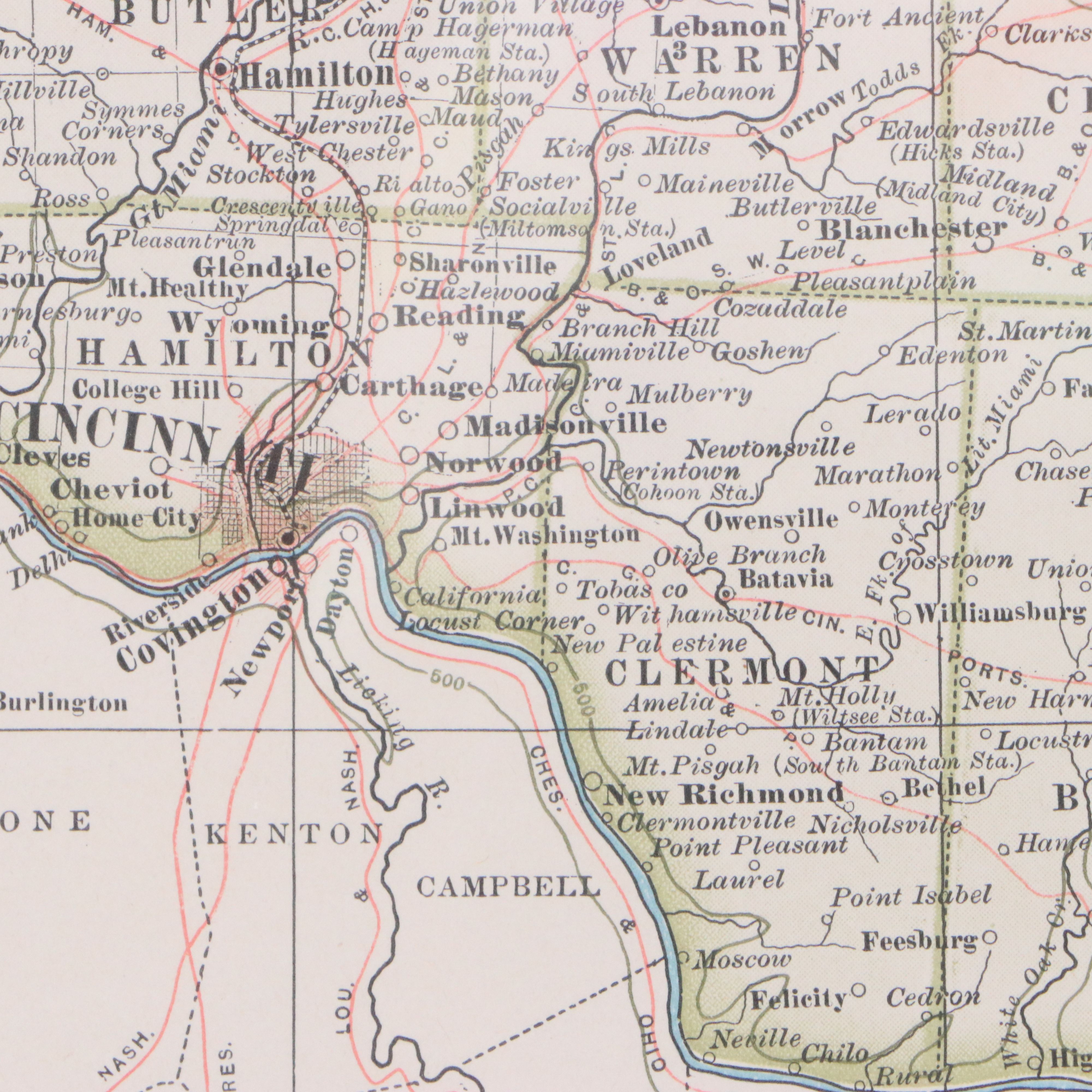 Wax Engraved Map "The Century Atlas: Ohio, Southern Part," 1897