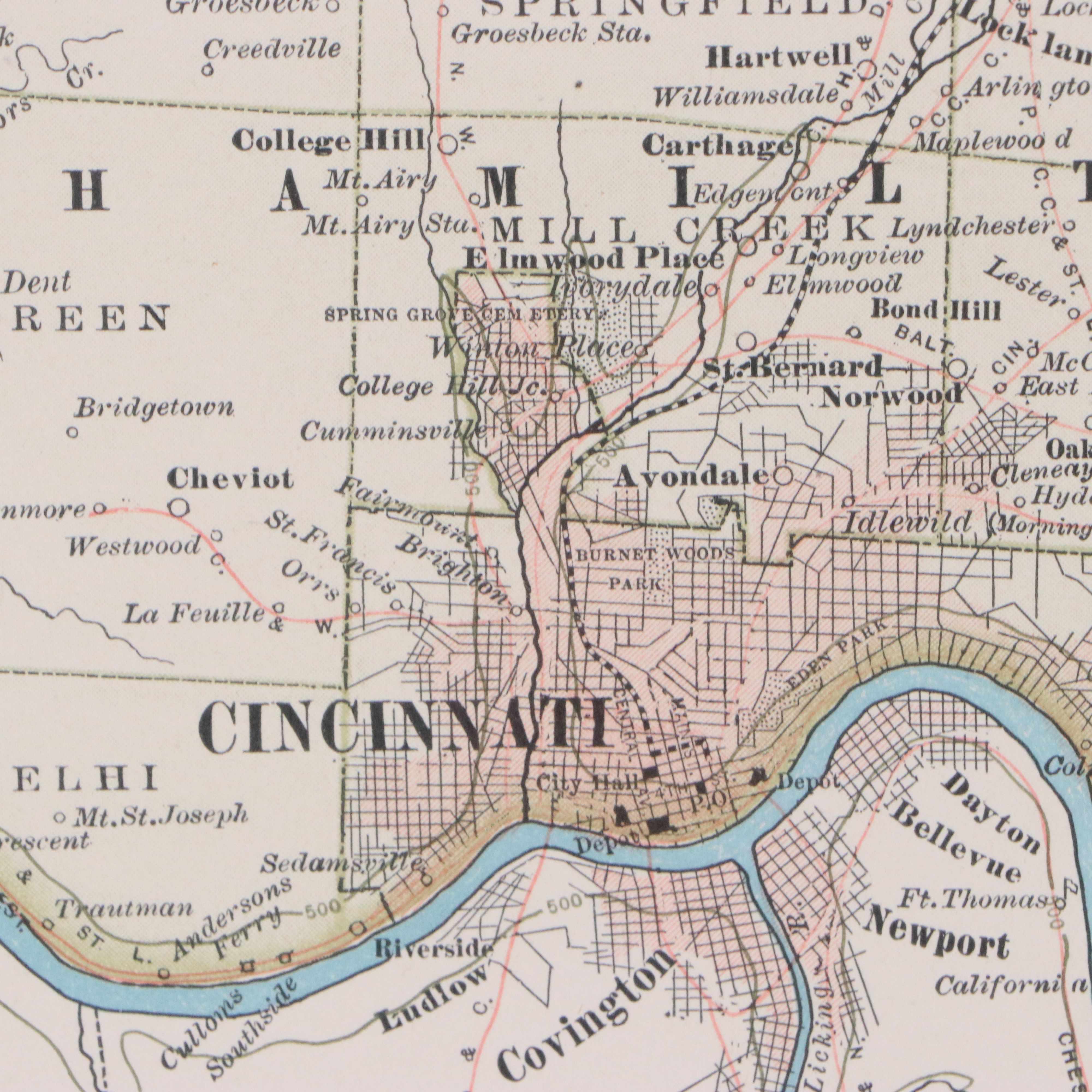 Wax Engraved Map "The Century Atlas: Ohio, Southern Part," 1897