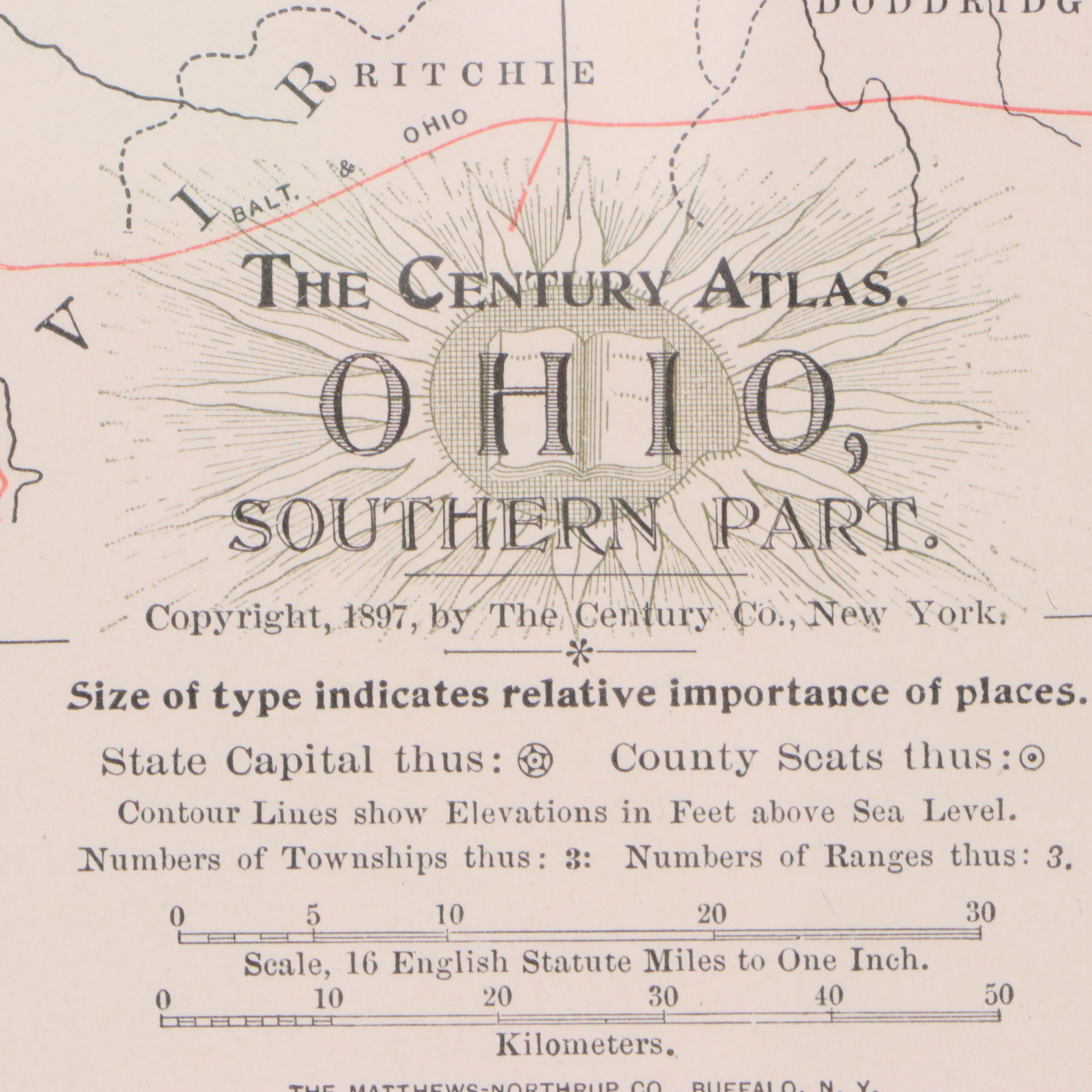 Wax Engraved Map "The Century Atlas: Ohio, Southern Part," 1897