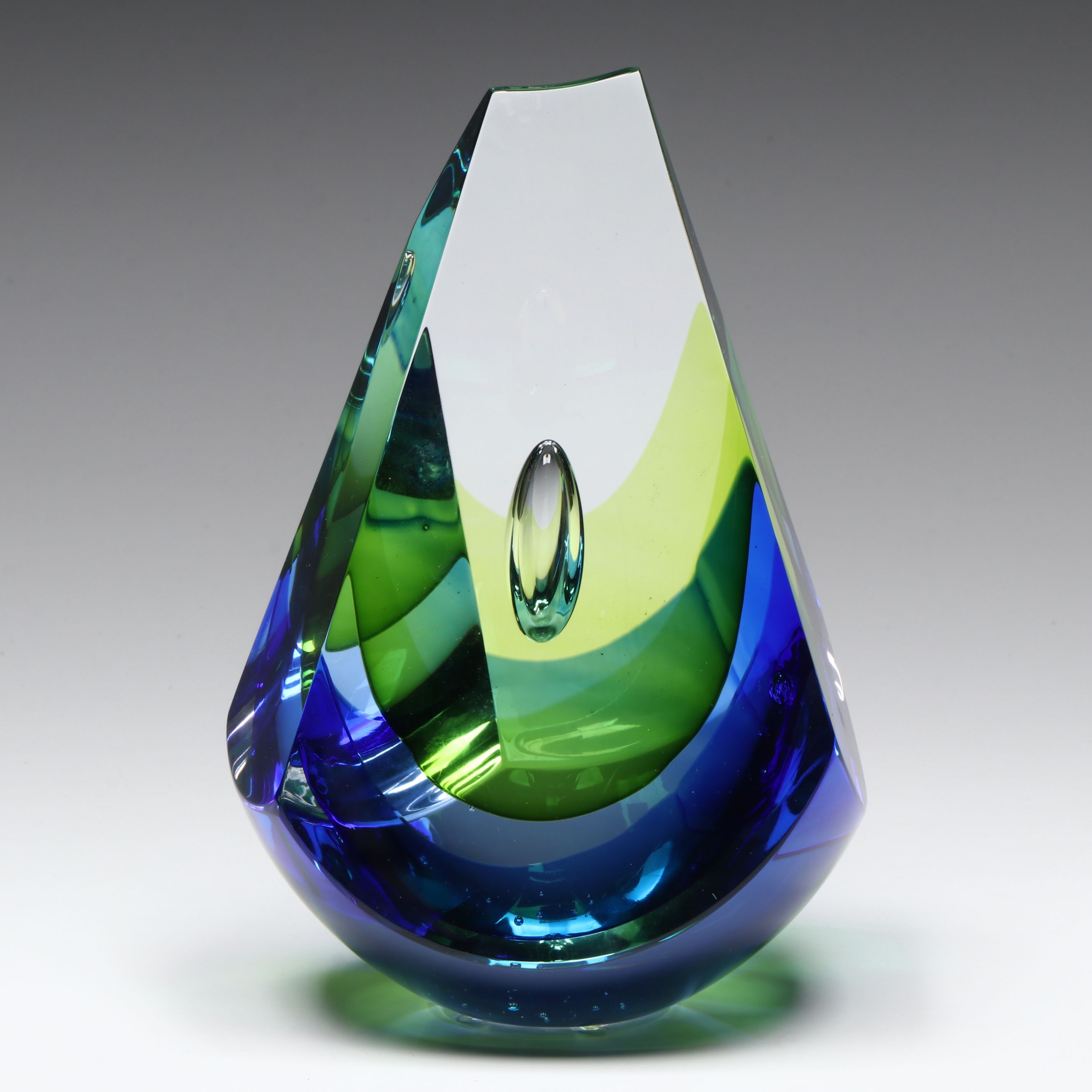 Robert Phillips Teardrop Overlay Art Glass Sculpture, 2014