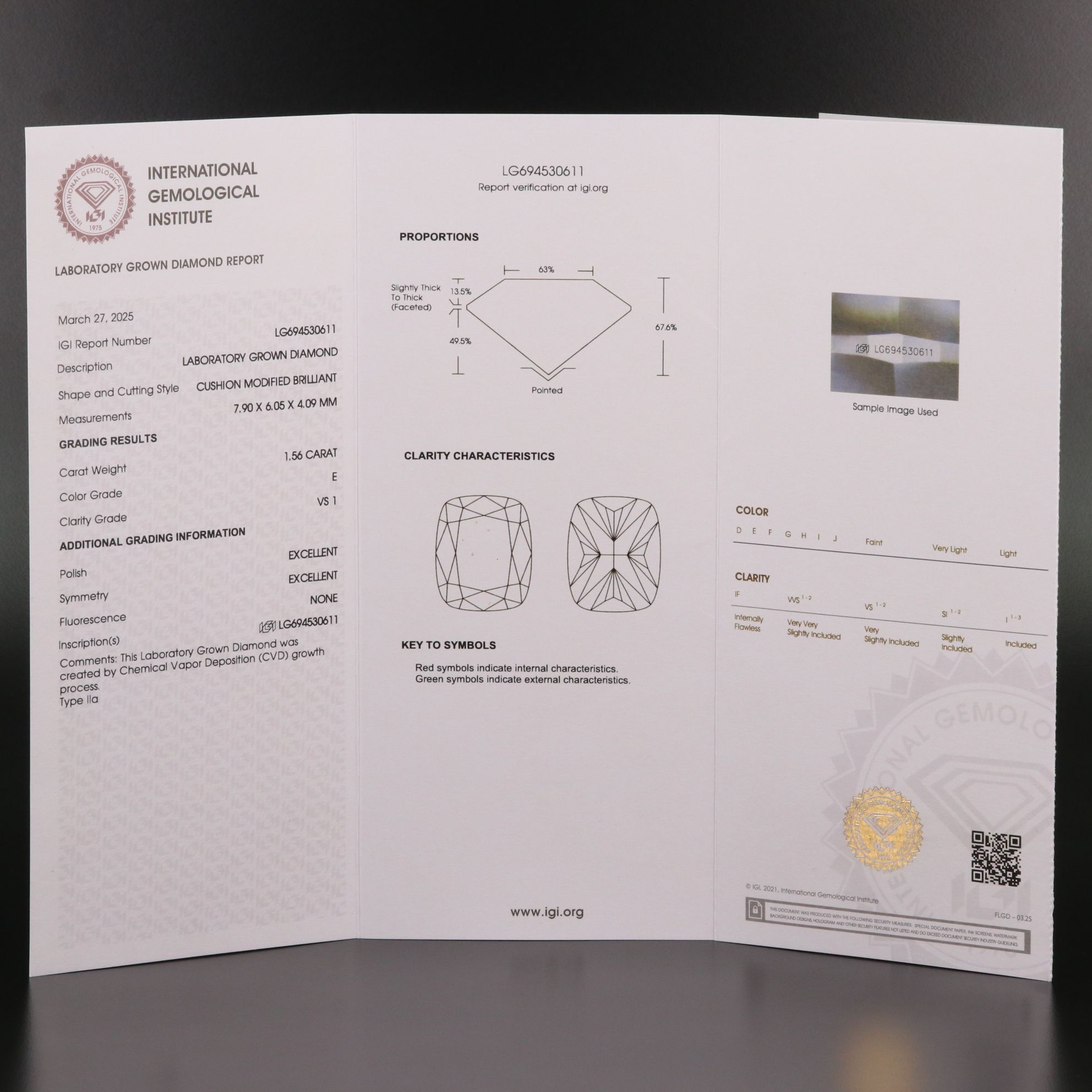 Loose 1.56 CT Lab Grown Diamond with IGI Report