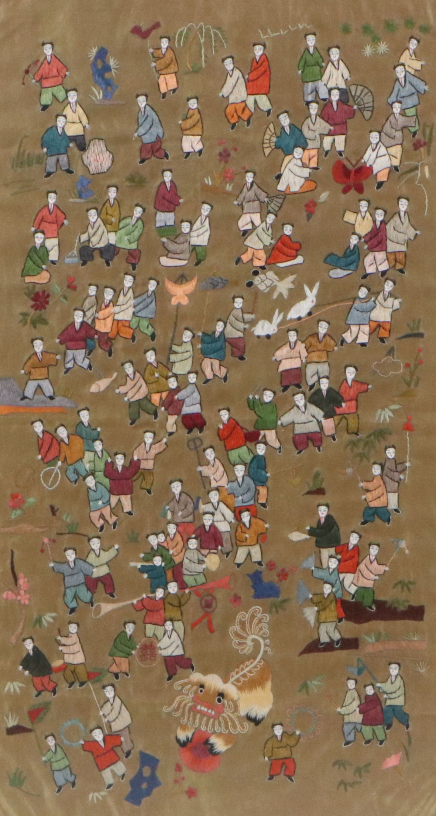 Chinese Embroidered Silk Panel "100 Children," Late 20th to Early 21st Century