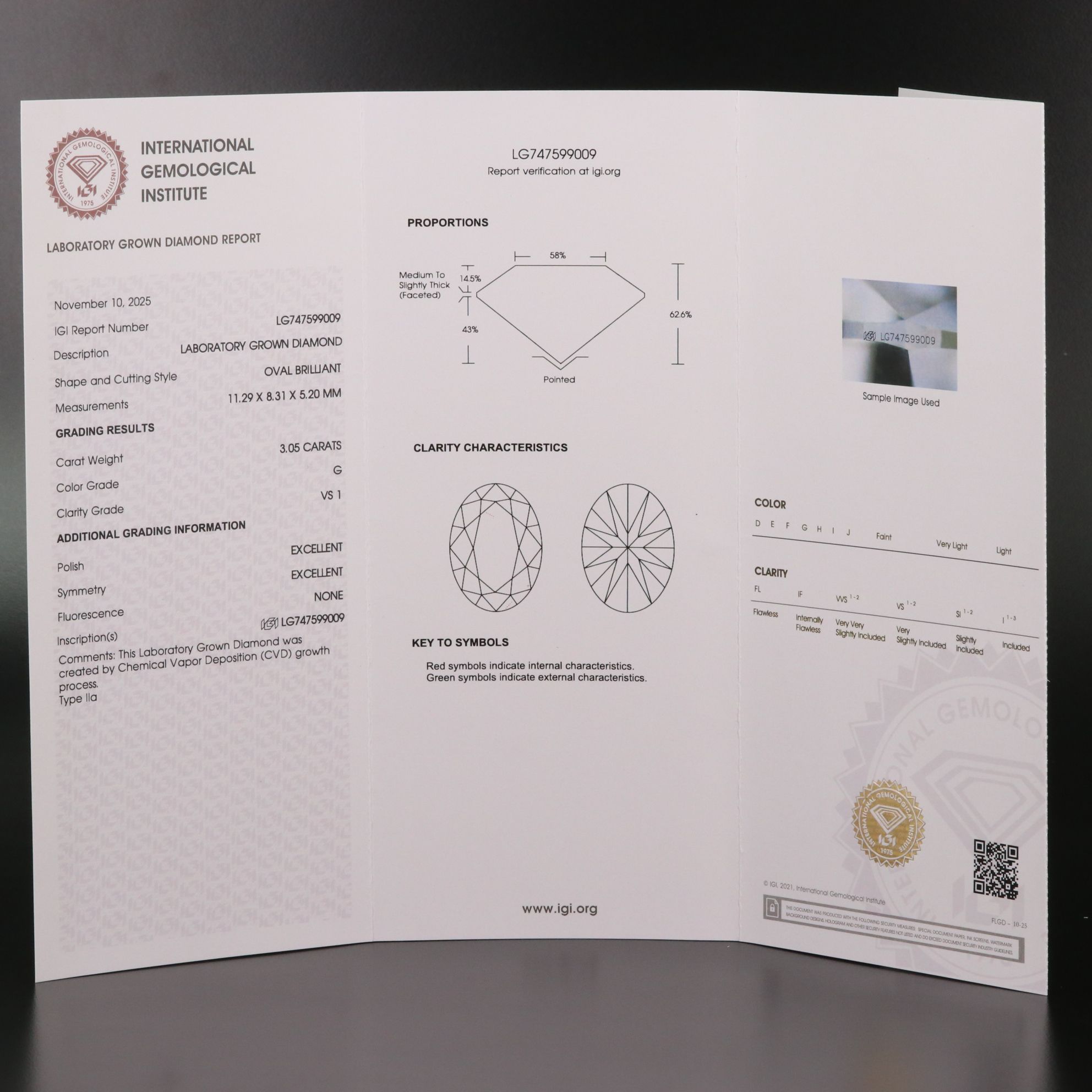 Loose 3.05 CT Lab Grown Diamond with IGI Report
