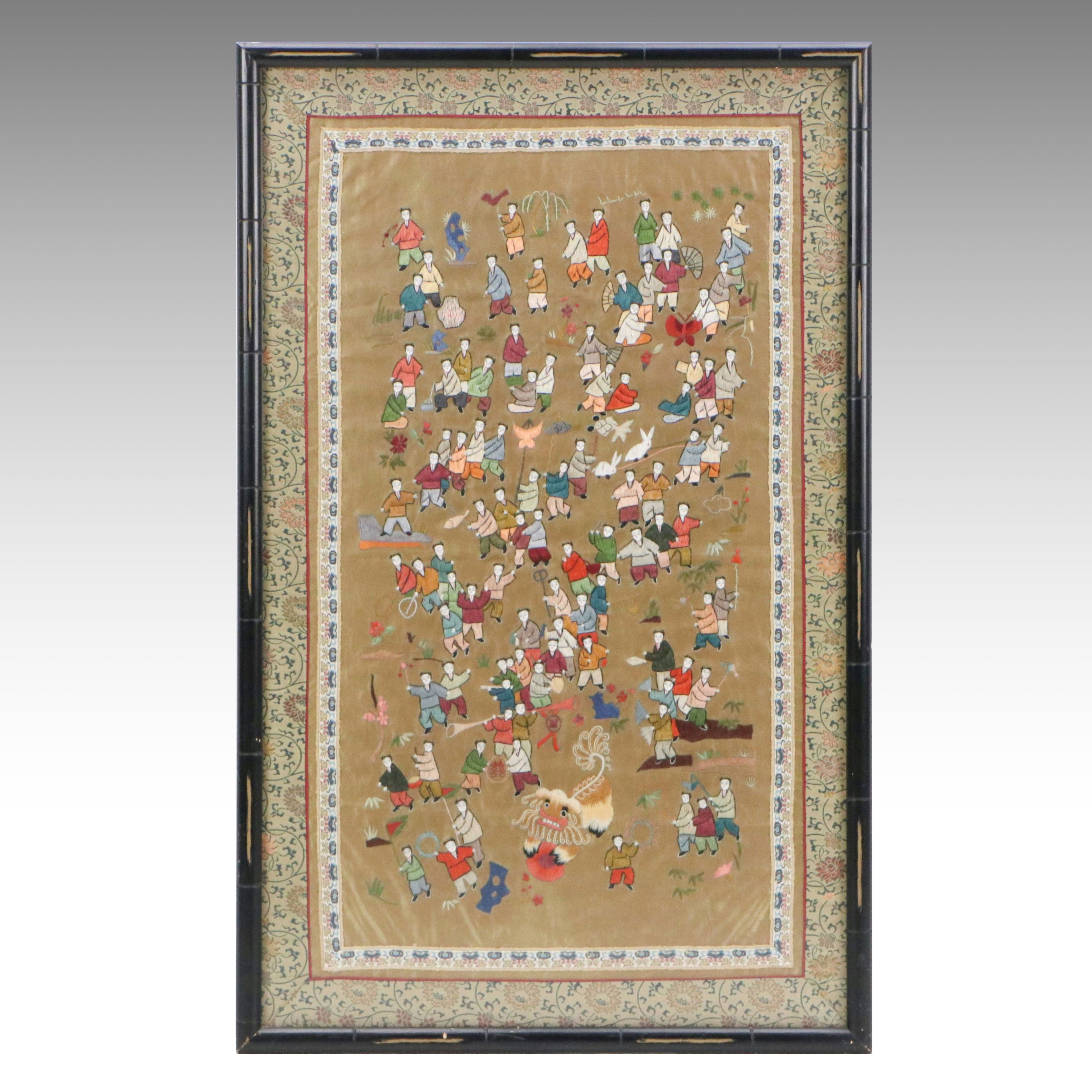 Chinese Embroidered Silk Panel "100 Children," Late 20th to Early 21st Century