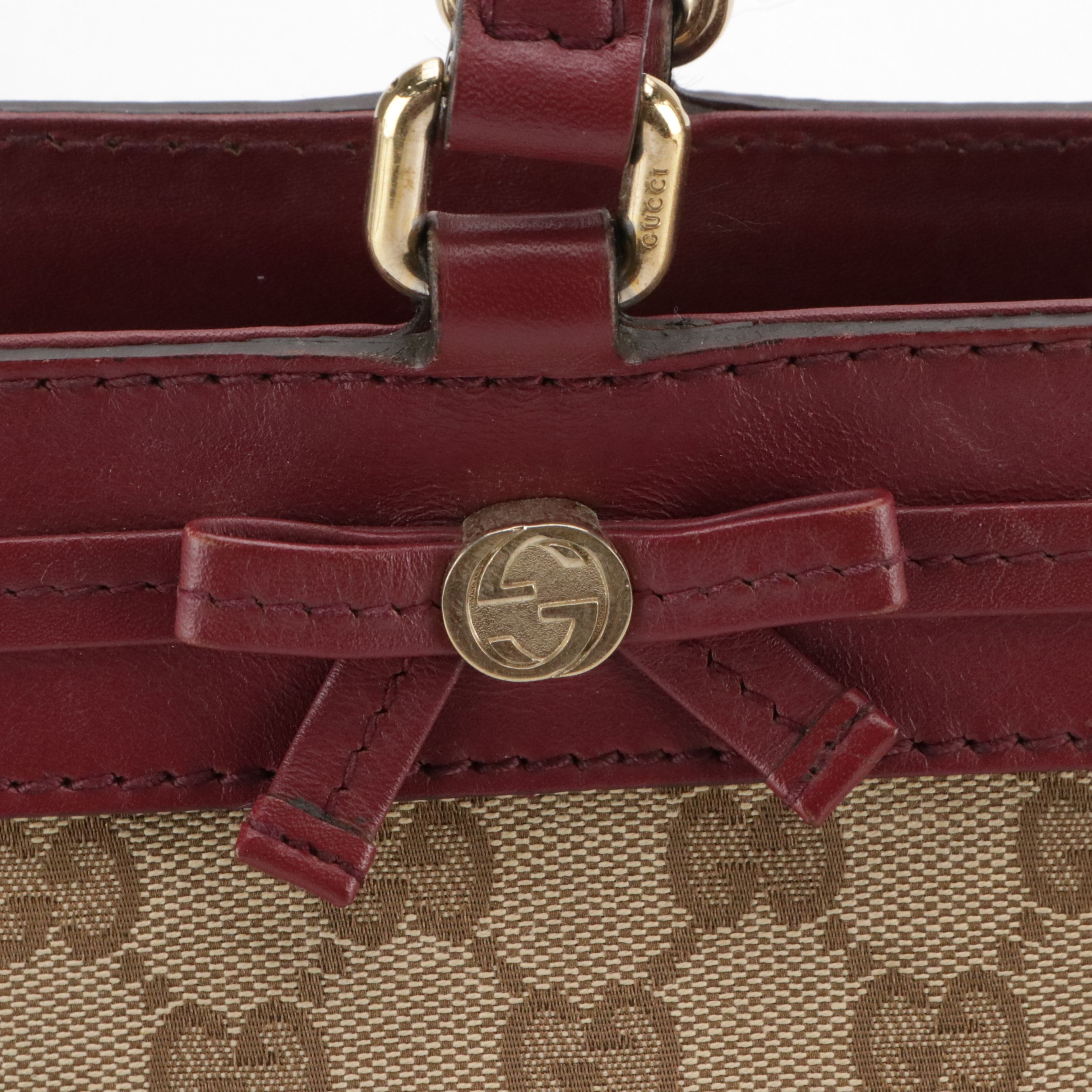 Gucci Mayfair Ribbon Shoulder Bag in GG Canvas and Maroon Leather