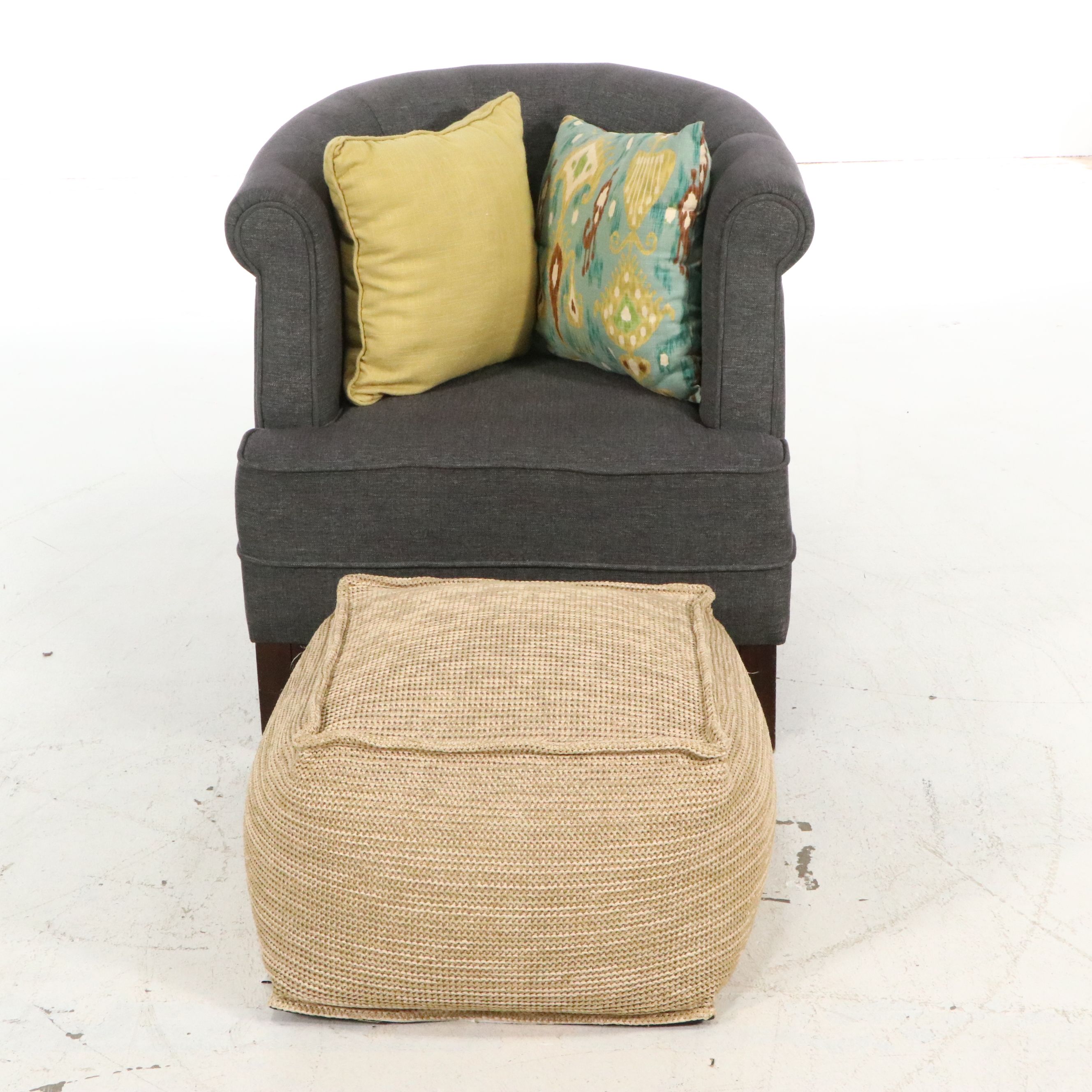 Contemporary Charcoal Tufted Barrel Chair and Threshold Woven Pouf
