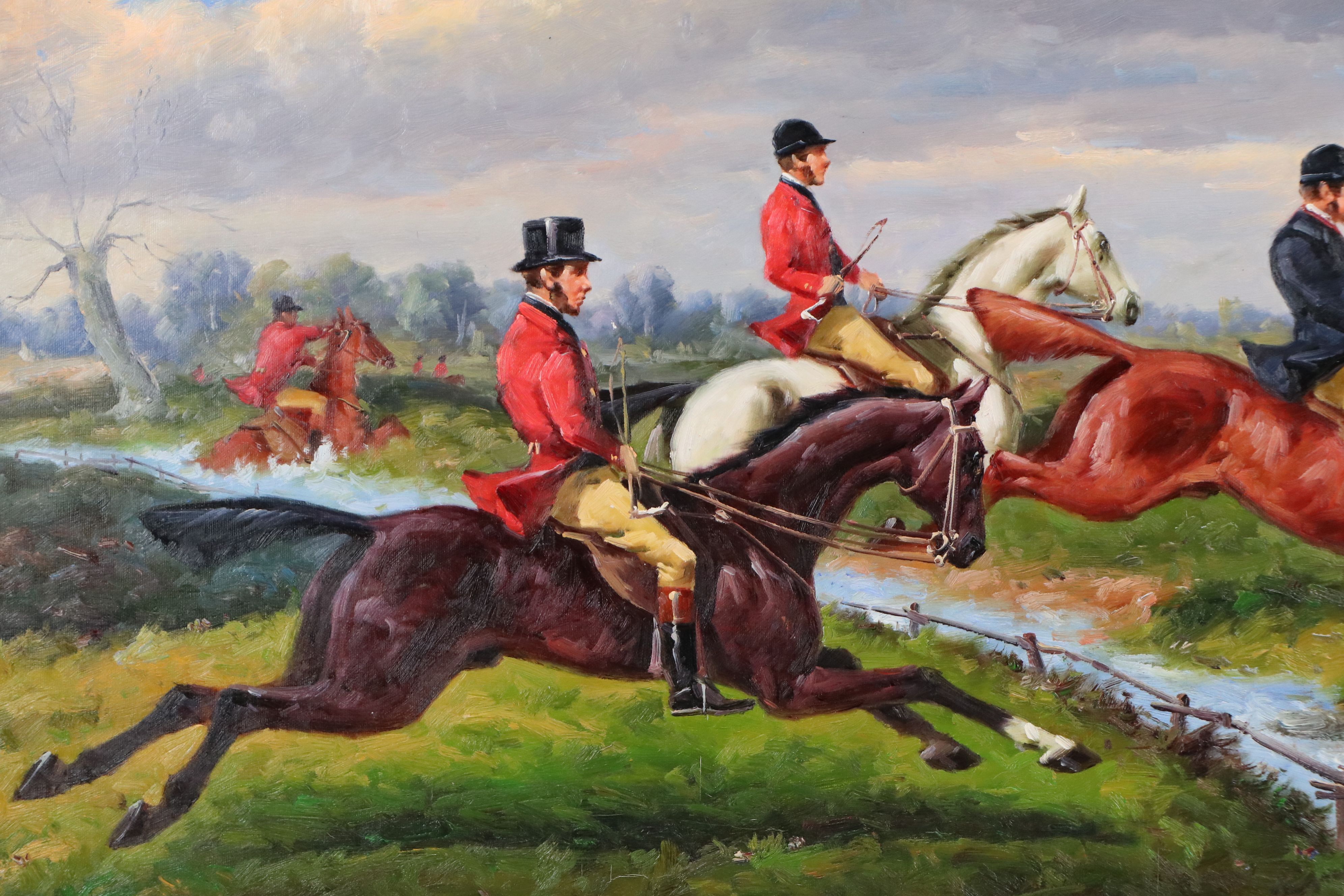 Salvator Domingo Oil Painting of English Style Fox Hunting Scene, 20th C.
