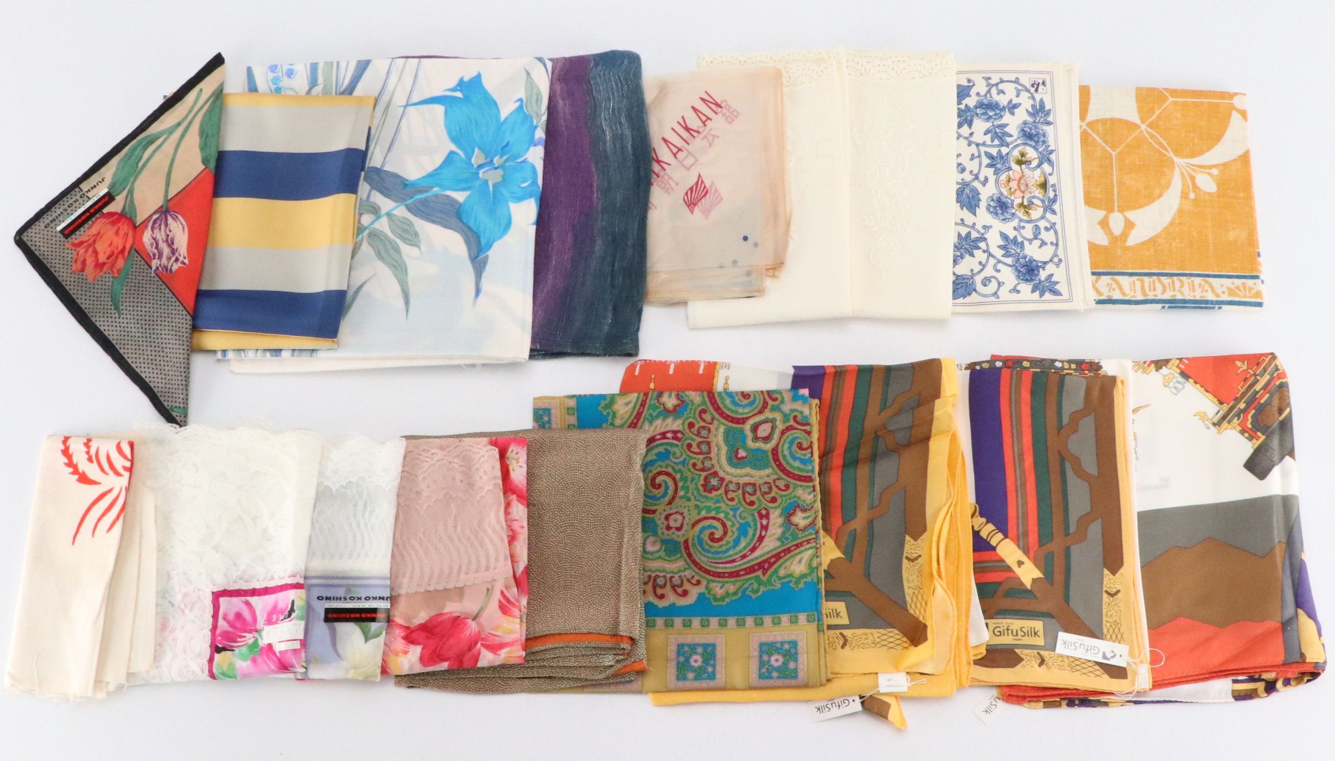 Japanese Scarves Including Gifu Silk with Other Scarves and Linens