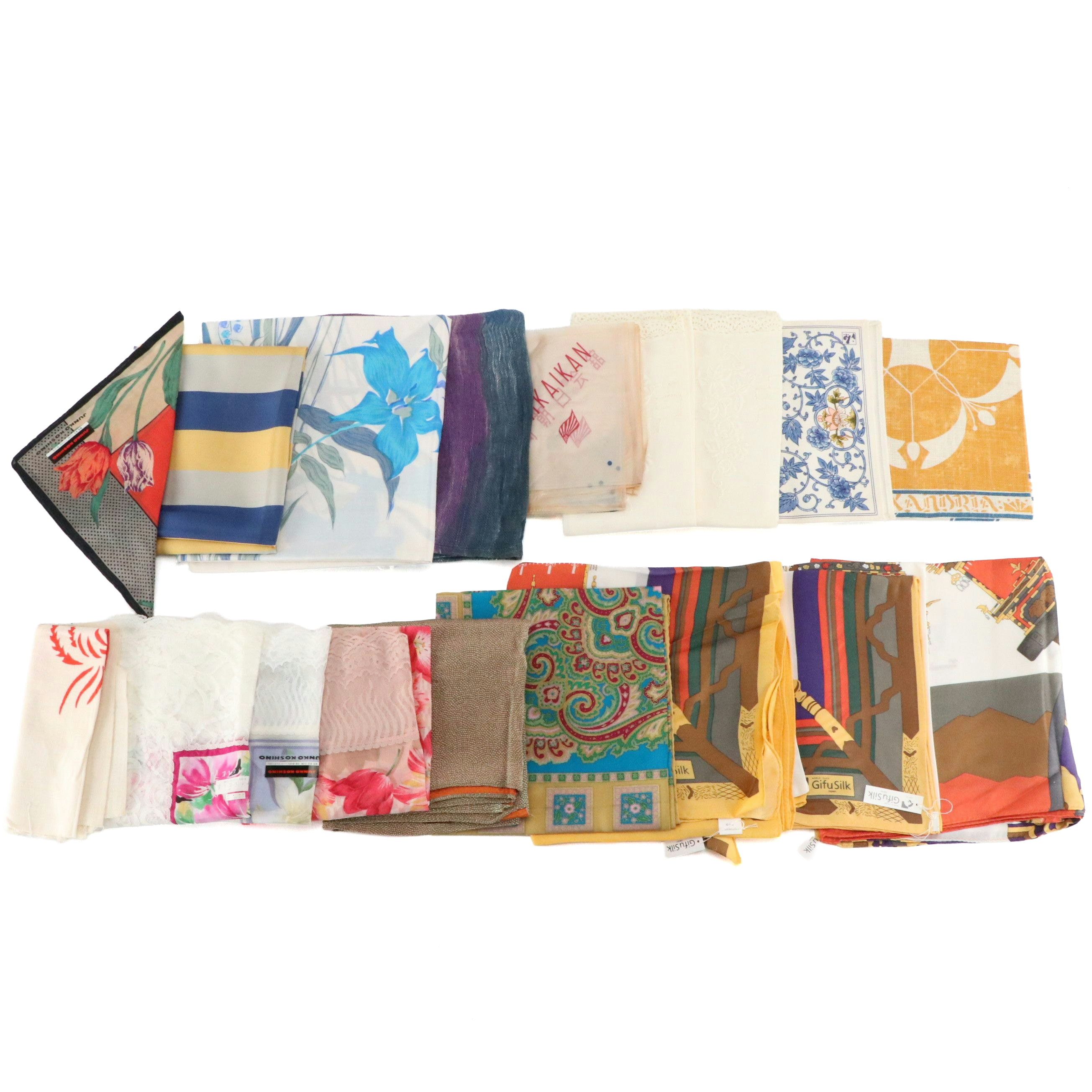 Japanese Scarves Including Gifu Silk with Other Scarves and Linens