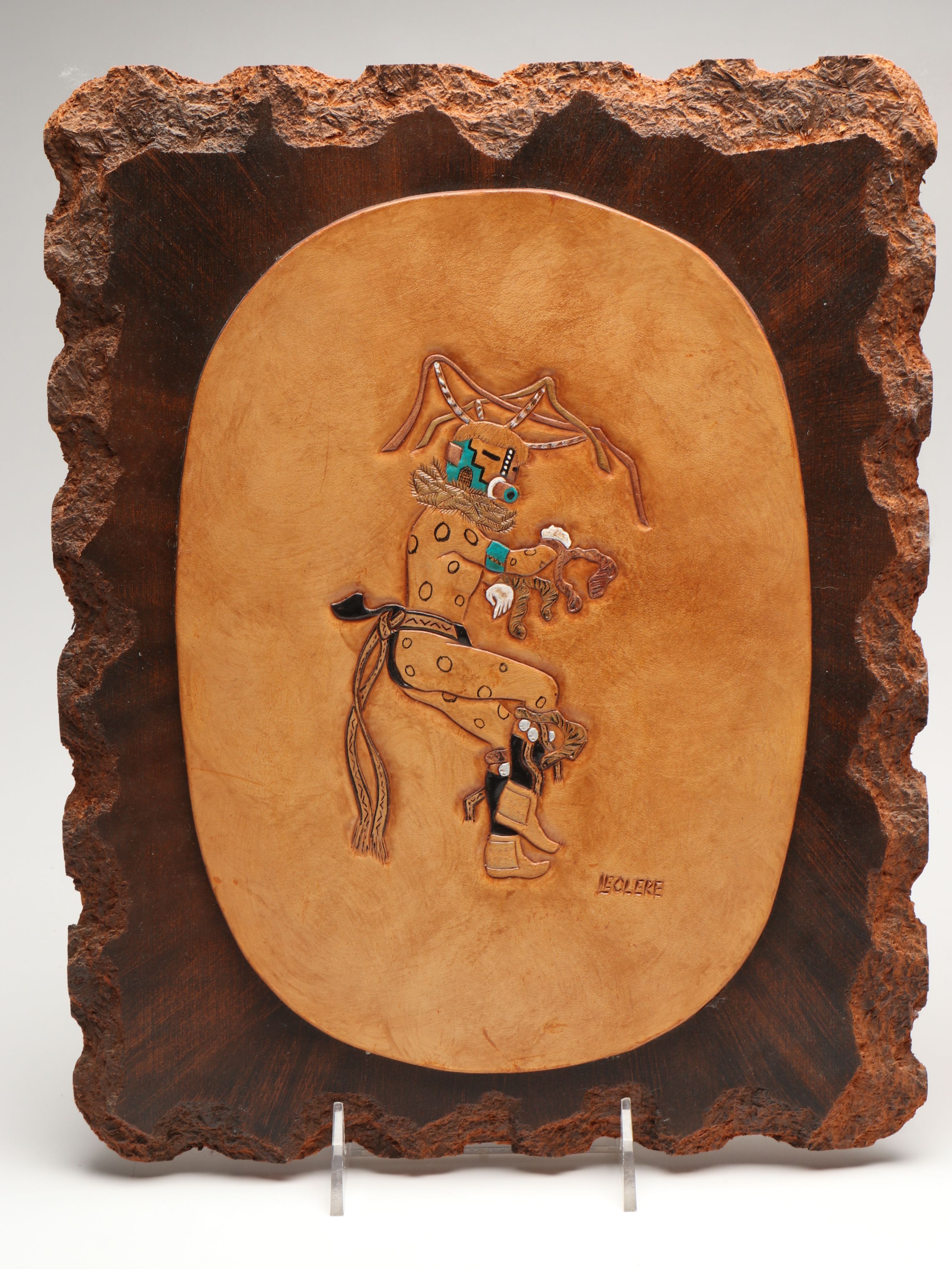 Southwest Style Signed Katsina Inspired Leatherwork Plaques, Late 20th C.