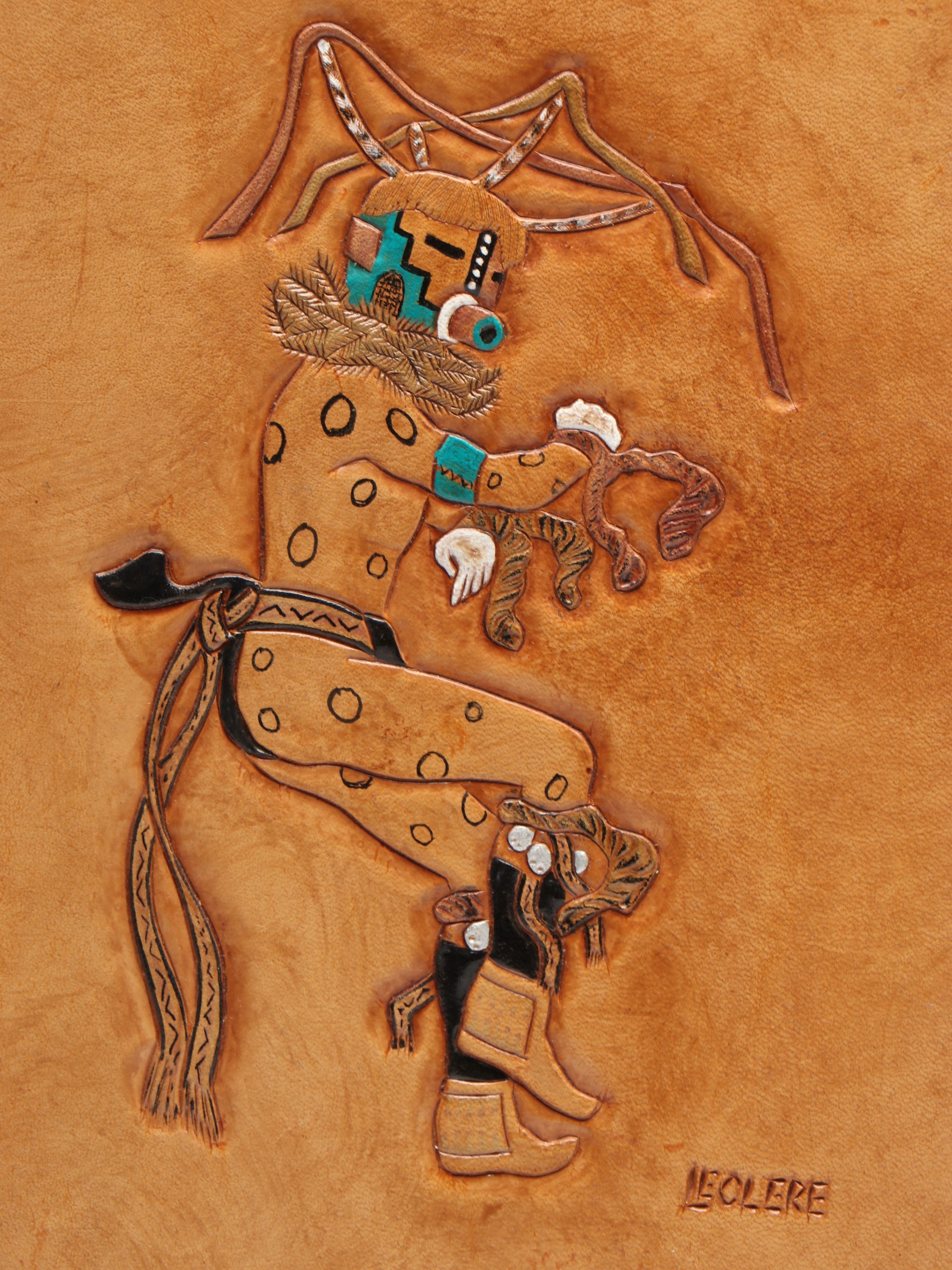 Southwest Style Signed Katsina Inspired Leatherwork Plaques, Late 20th C.