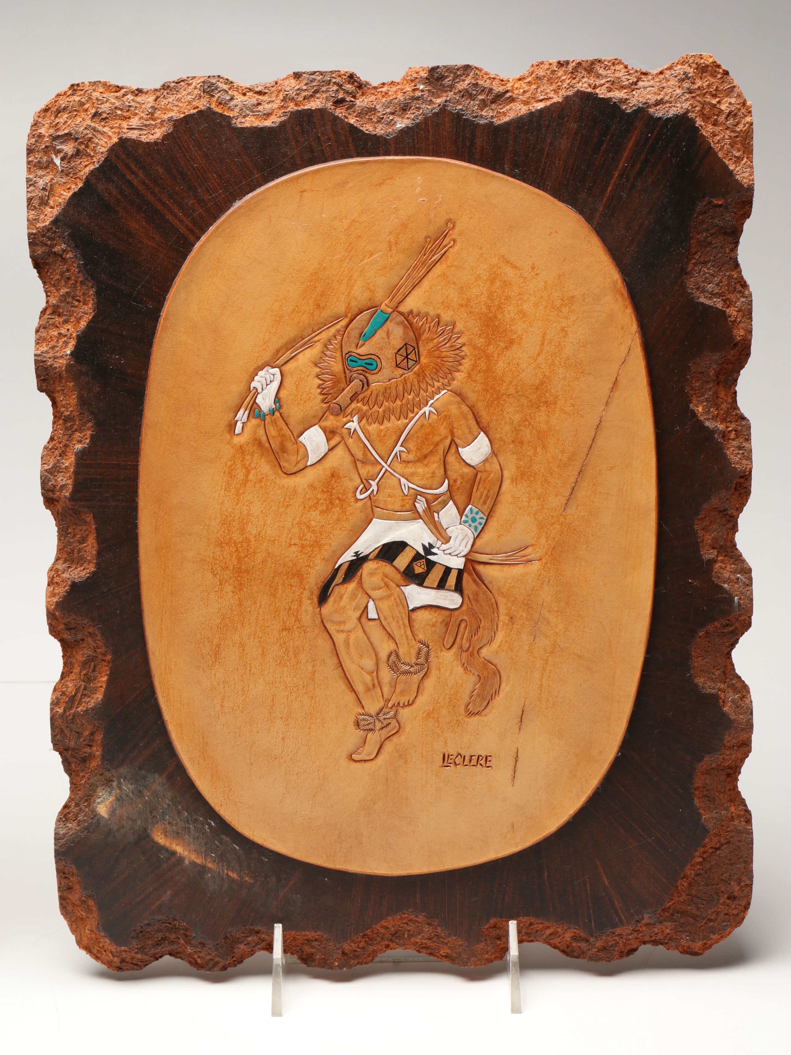 Southwest Style Signed Katsina Inspired Leatherwork Plaques, Late 20th C.