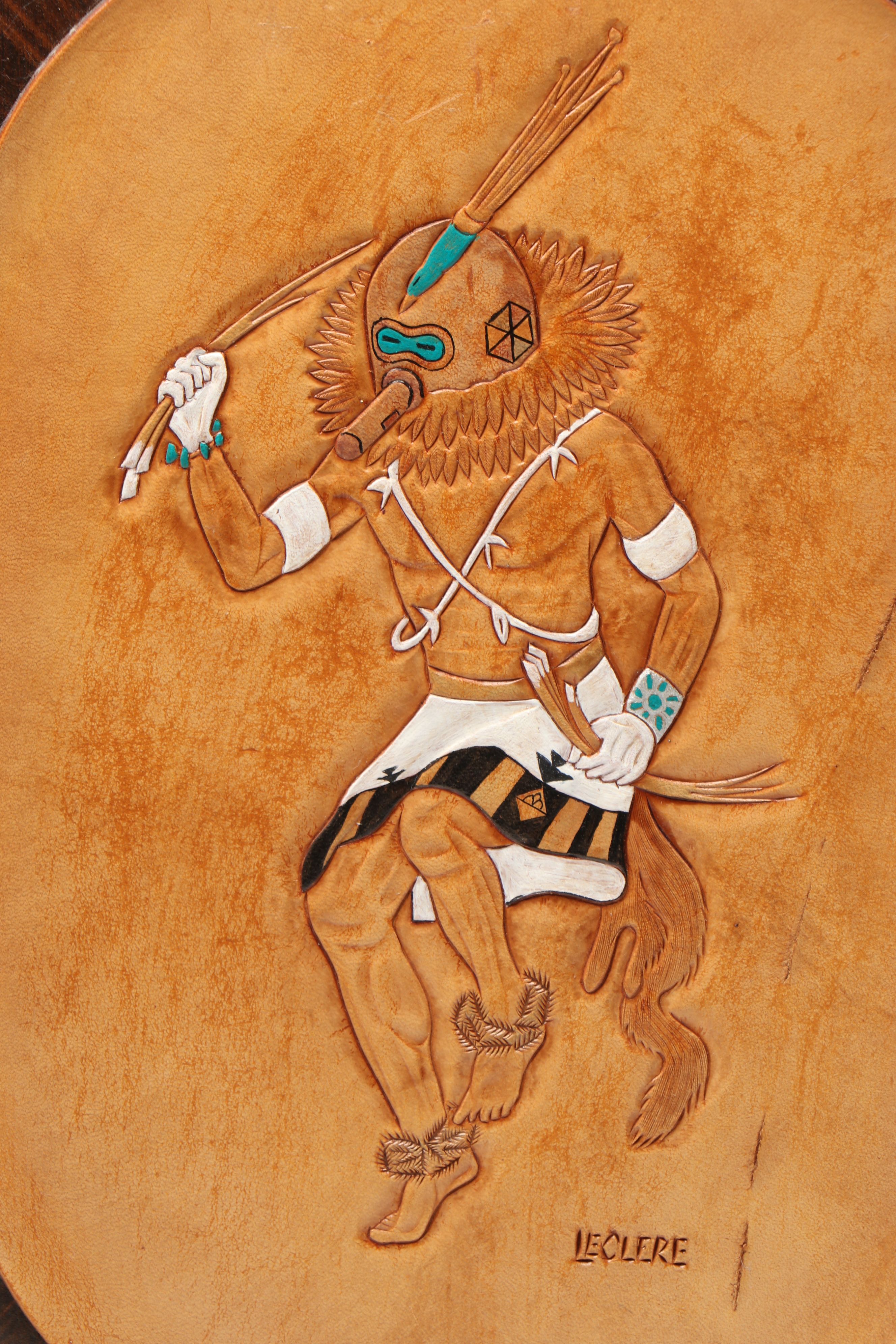 Southwest Style Signed Katsina Inspired Leatherwork Plaques, Late 20th C.