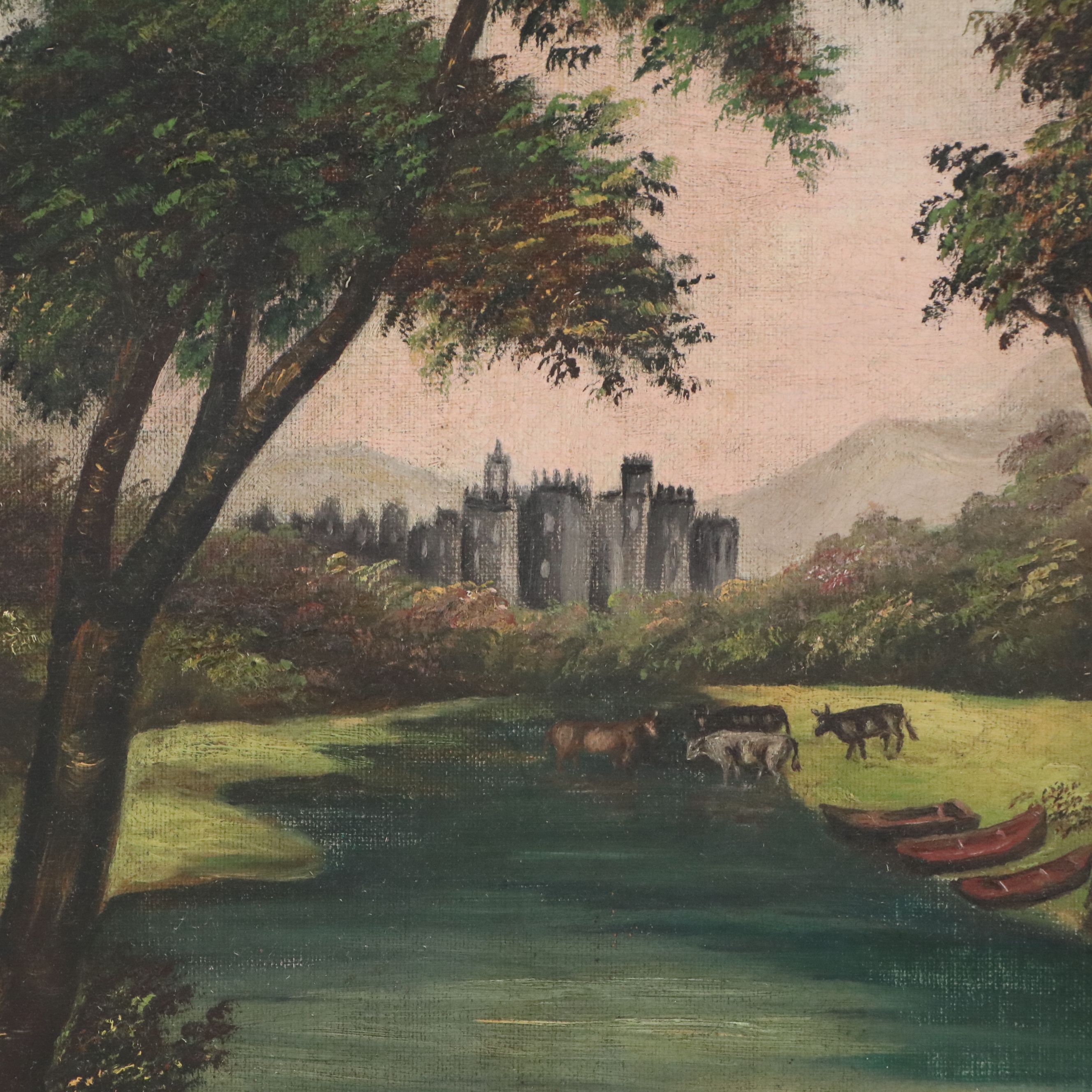 Capriccio Landscape Oil Painting with Castle, Late 19th to Early 20th Century