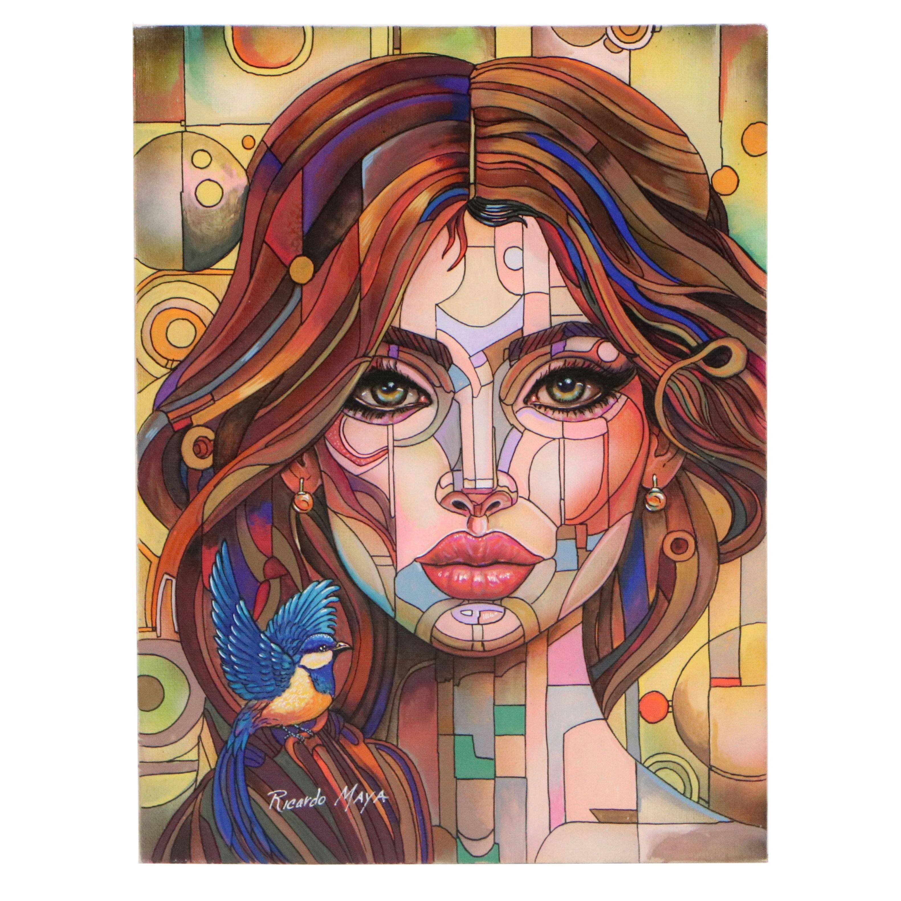 Ricardo Maya Stylized Acrylic Portrait of Woman, 21st Century
