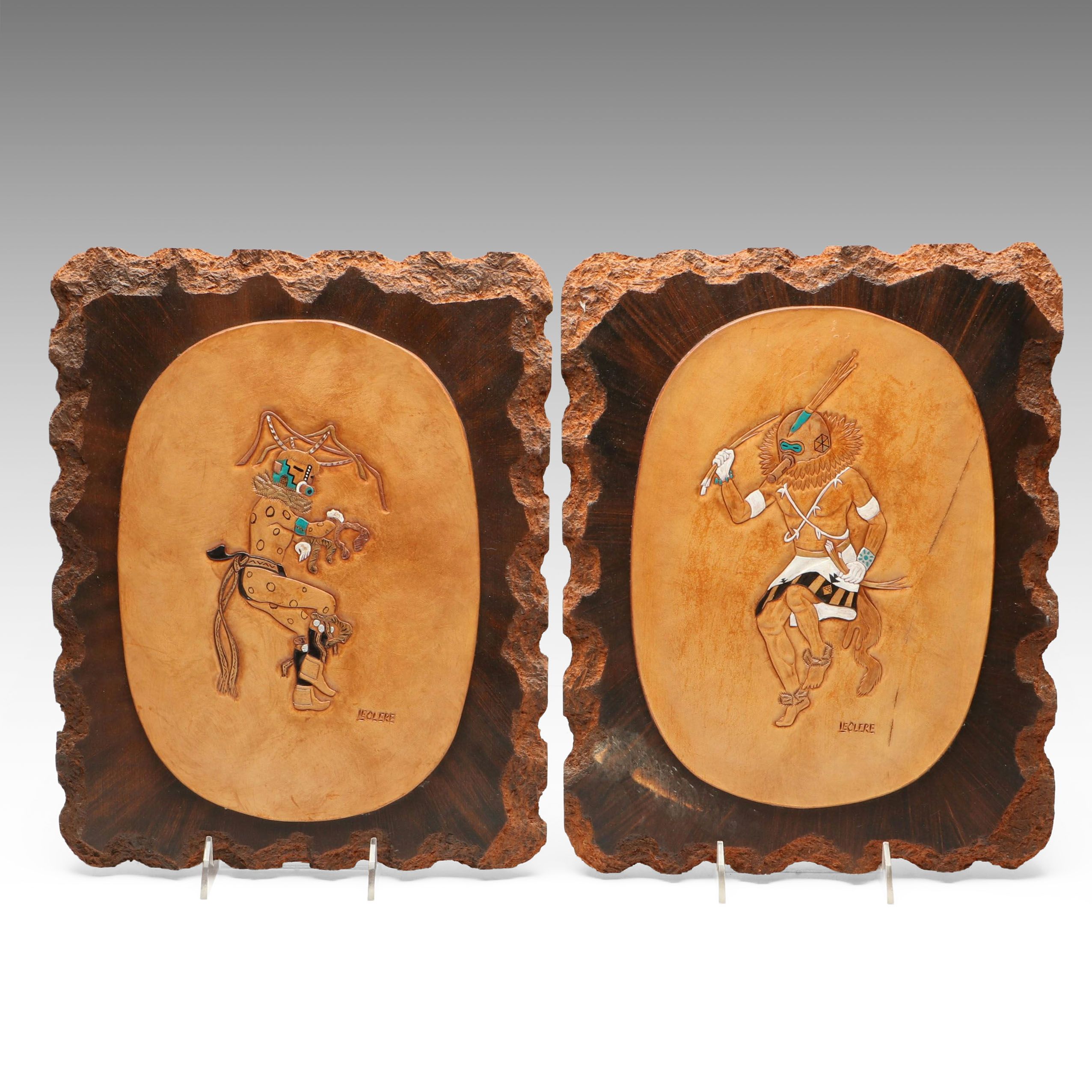 Southwest Style Signed Katsina Inspired Leatherwork Plaques, Late 20th C.