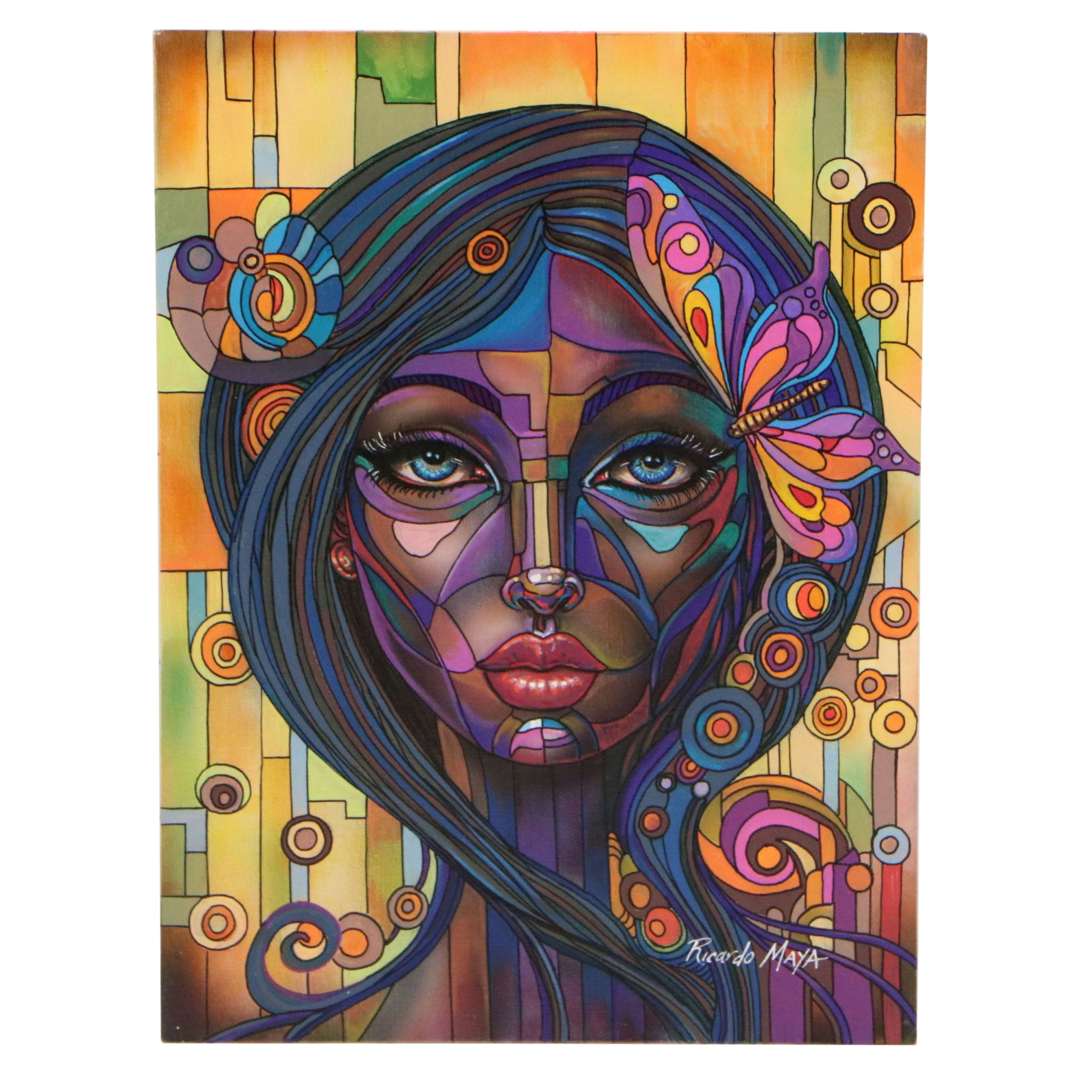 Ricardo Maya Stylized Acrylic Portrait of Purple Woman, 21st Century