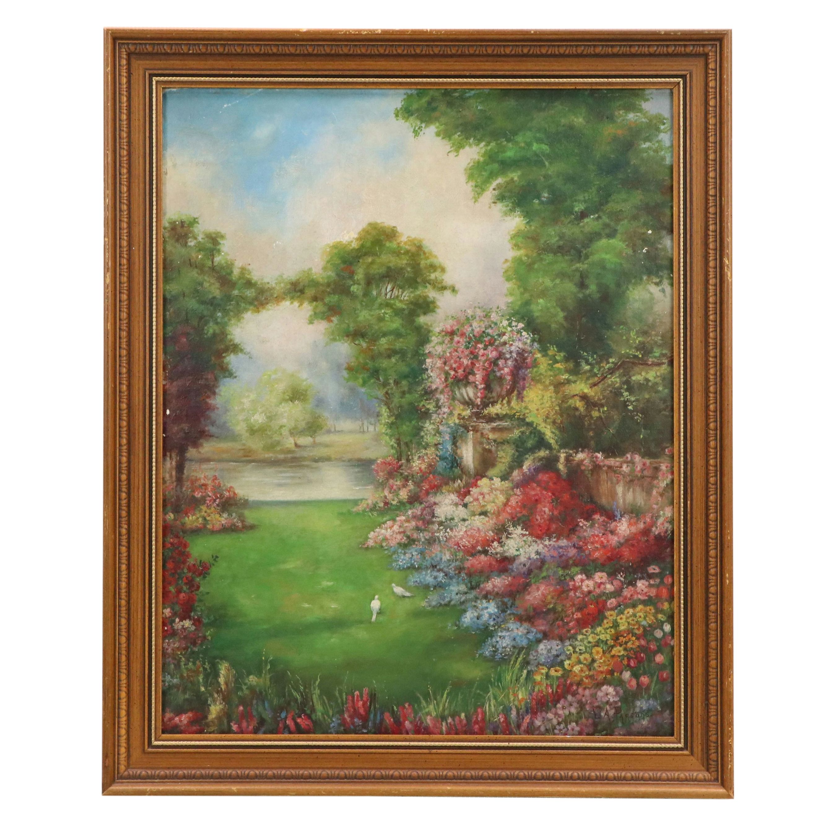 L. A. Parsons Oil Painting of Opulent Flower Garden, 20th Century