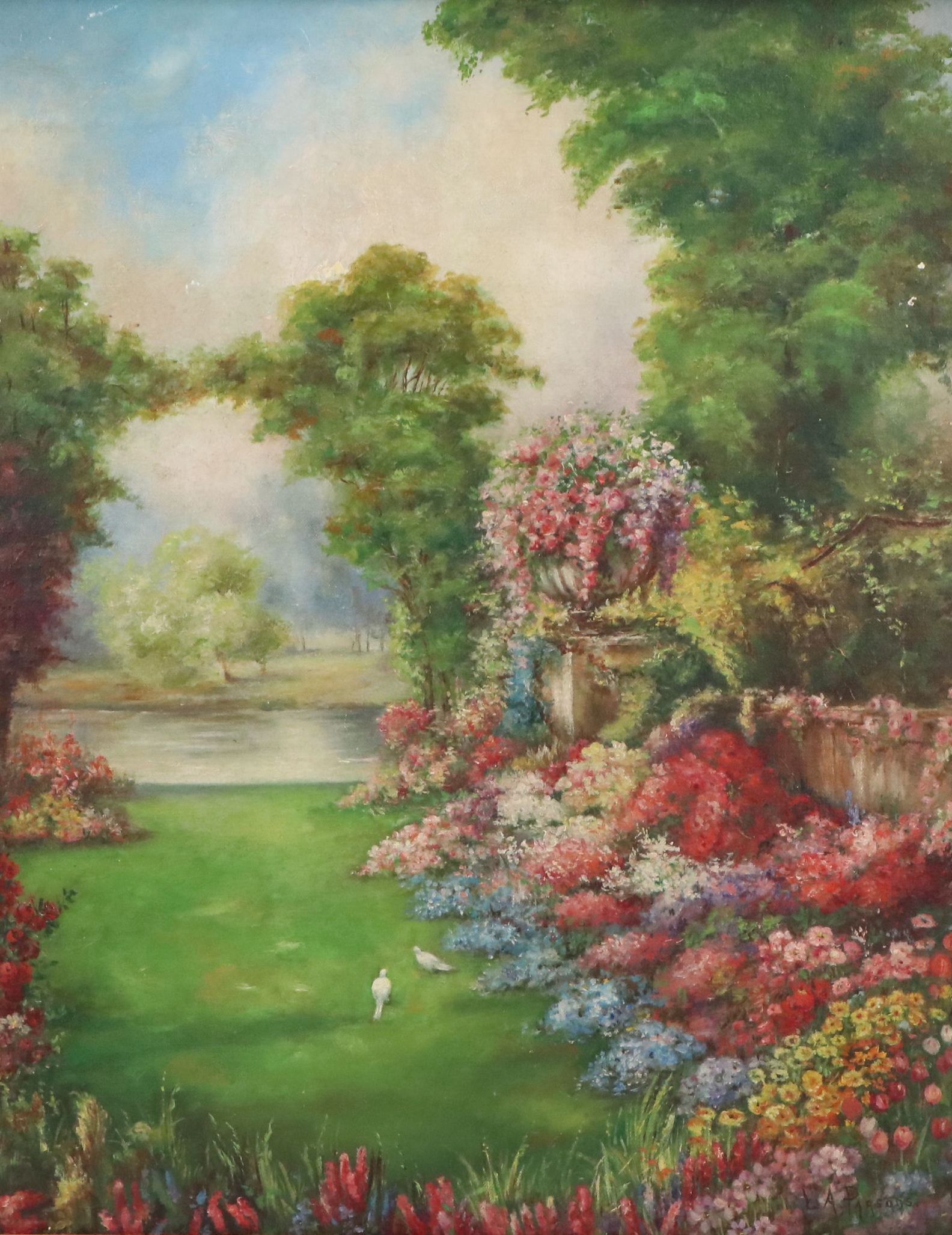 L. A. Parsons Oil Painting of Opulent Flower Garden, 20th Century