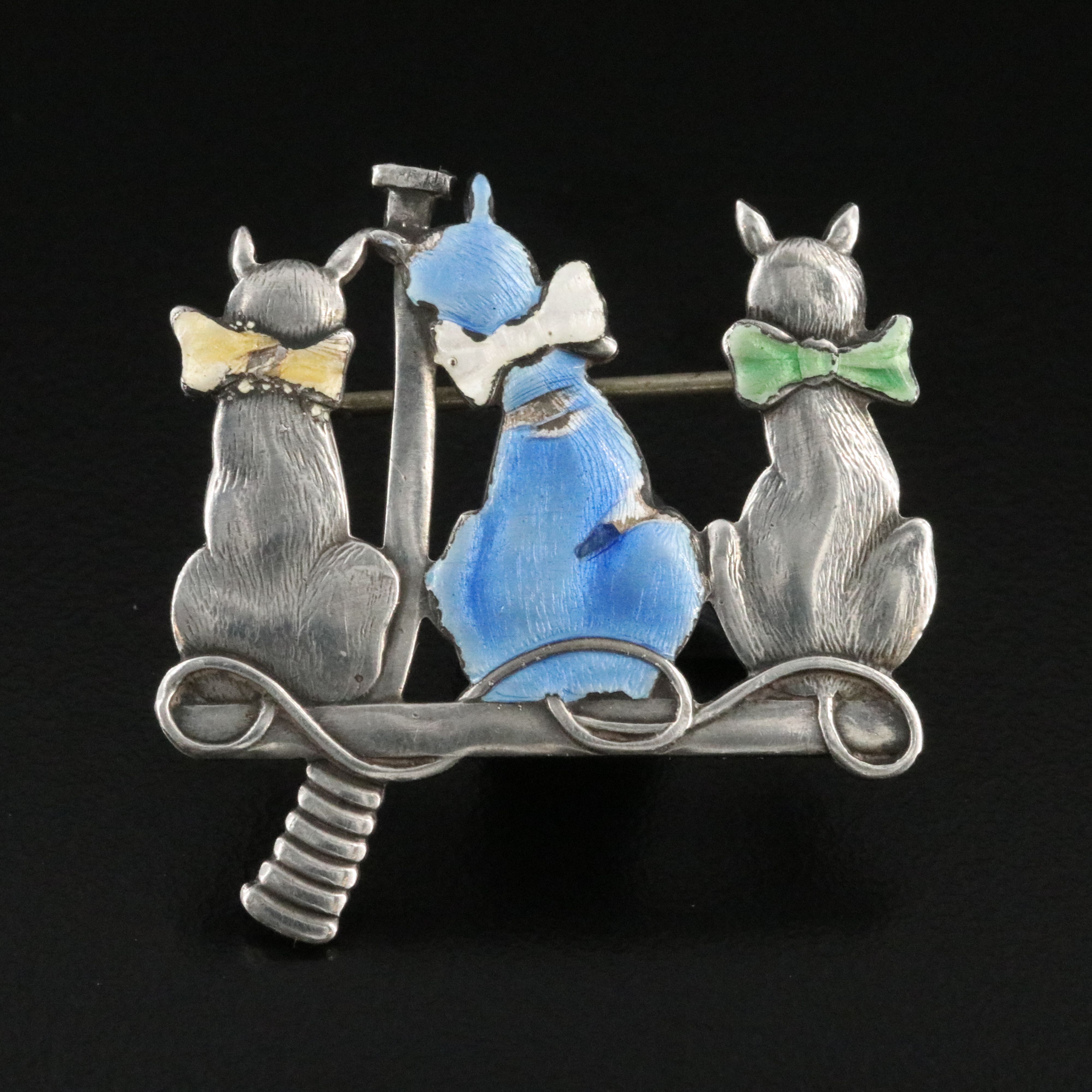Truart Sterling Three Cat Brooch with Enamel Accents