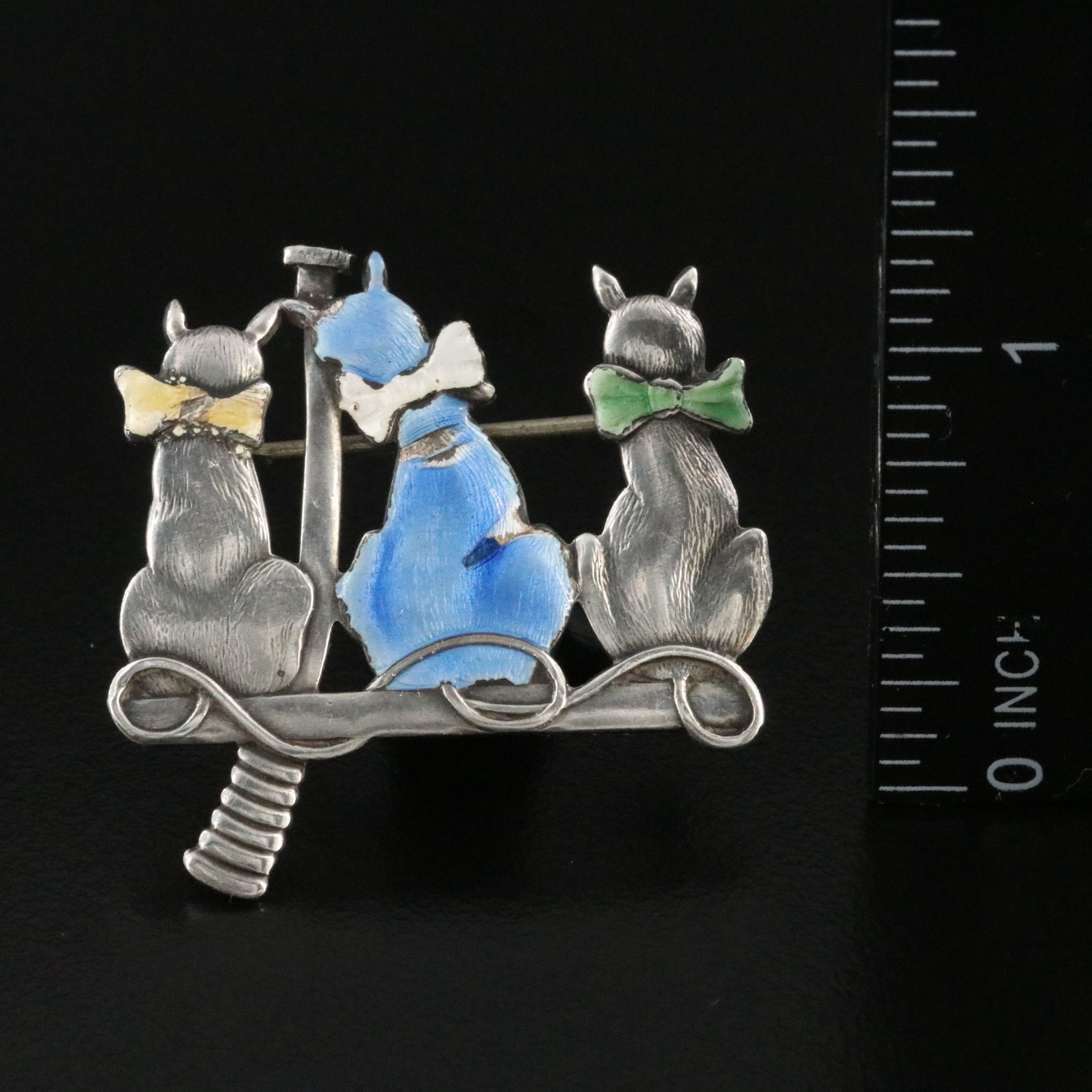 Truart Sterling Three Cat Brooch with Enamel Accents