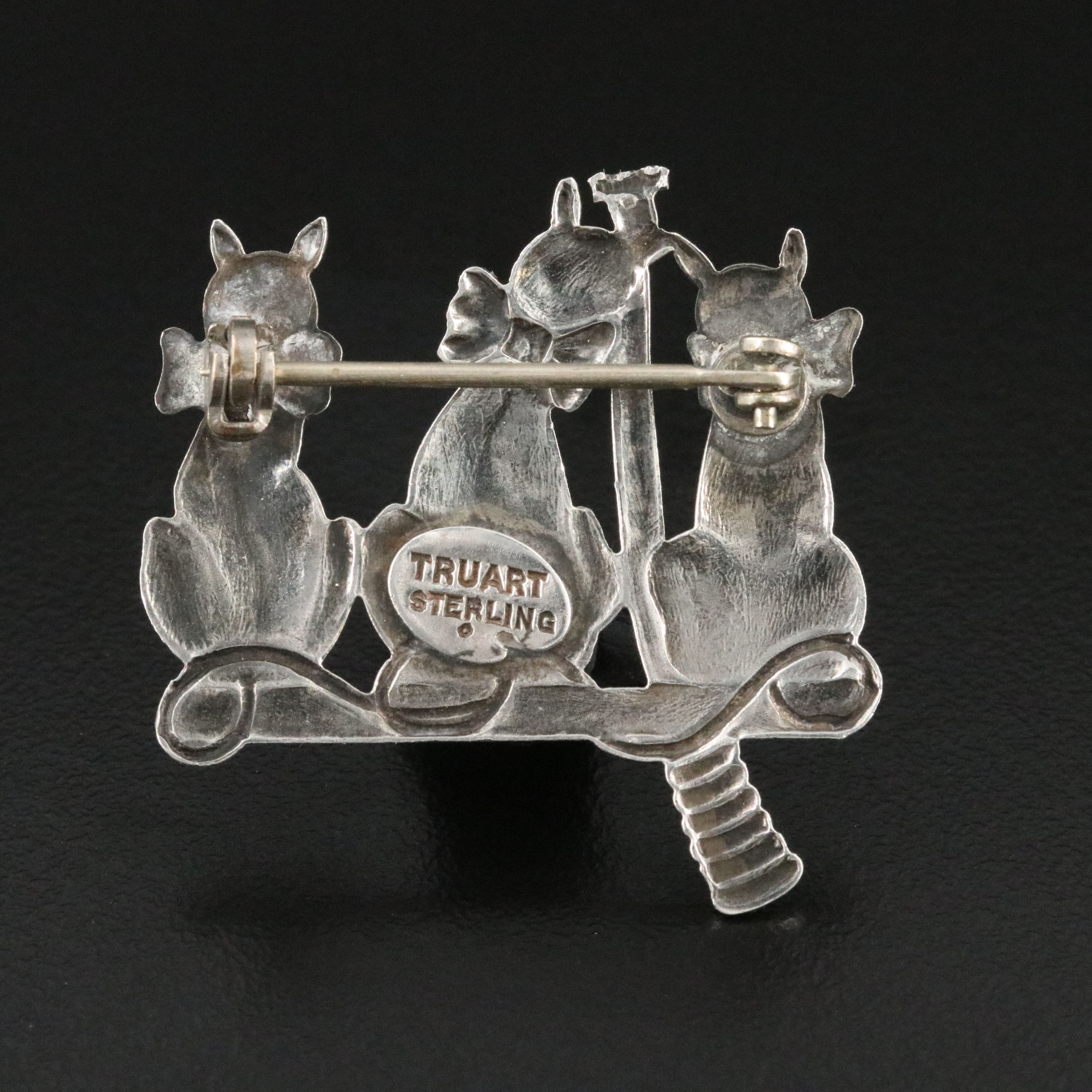 Truart Sterling Three Cat Brooch with Enamel Accents