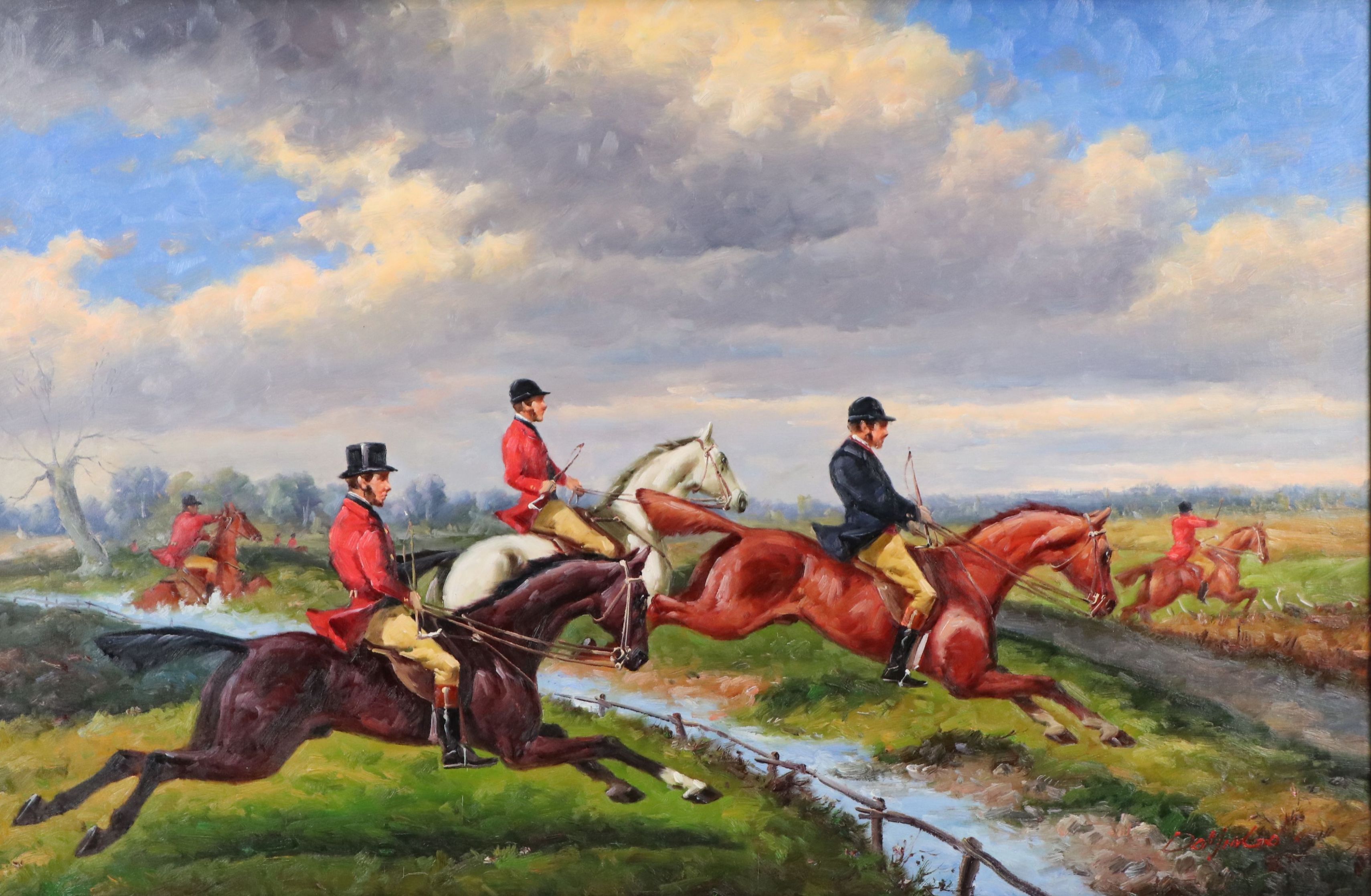 Salvator Domingo Oil Painting of English Style Fox Hunting Scene, 20th C.