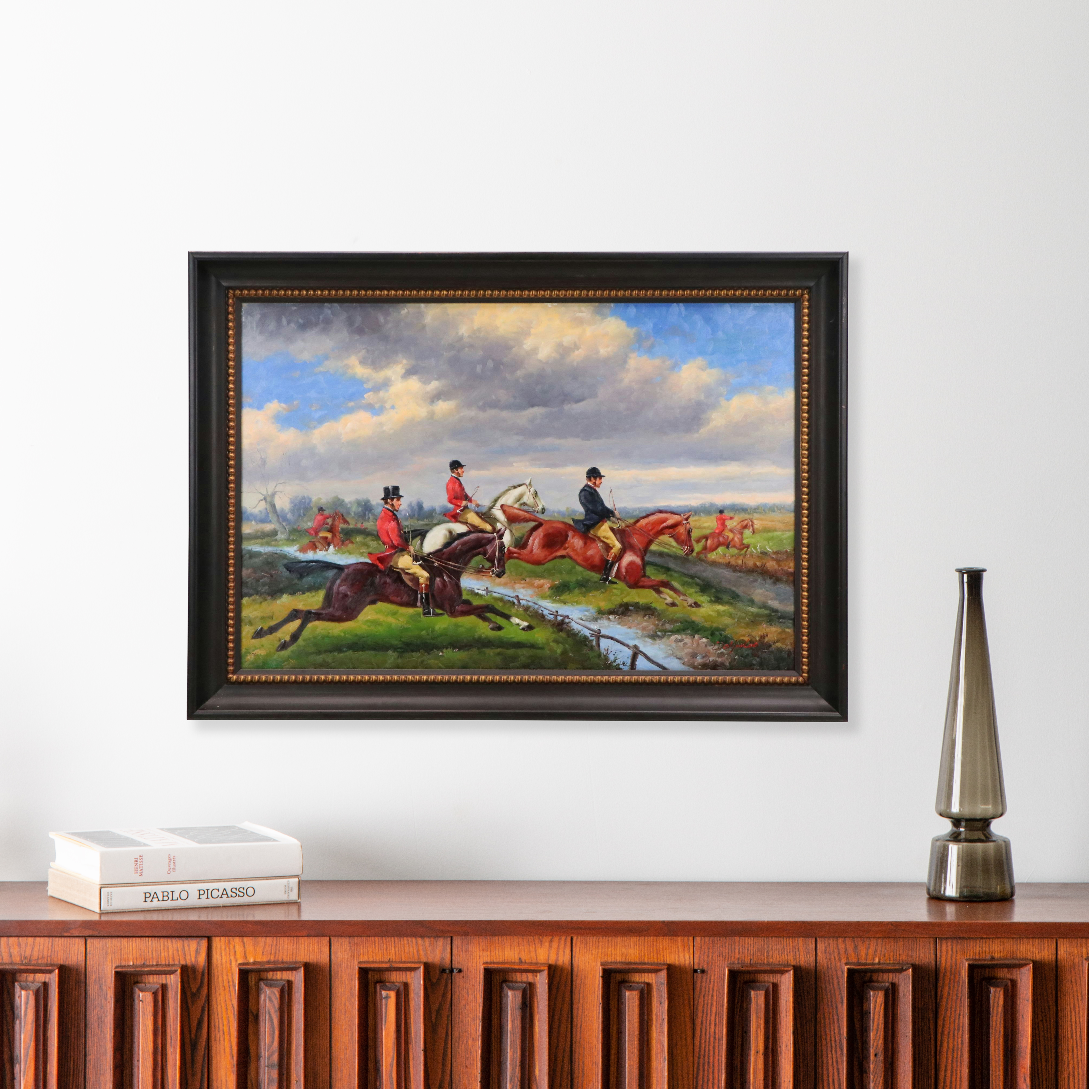 Salvator Domingo Oil Painting of English Style Fox Hunting Scene, 20th C.