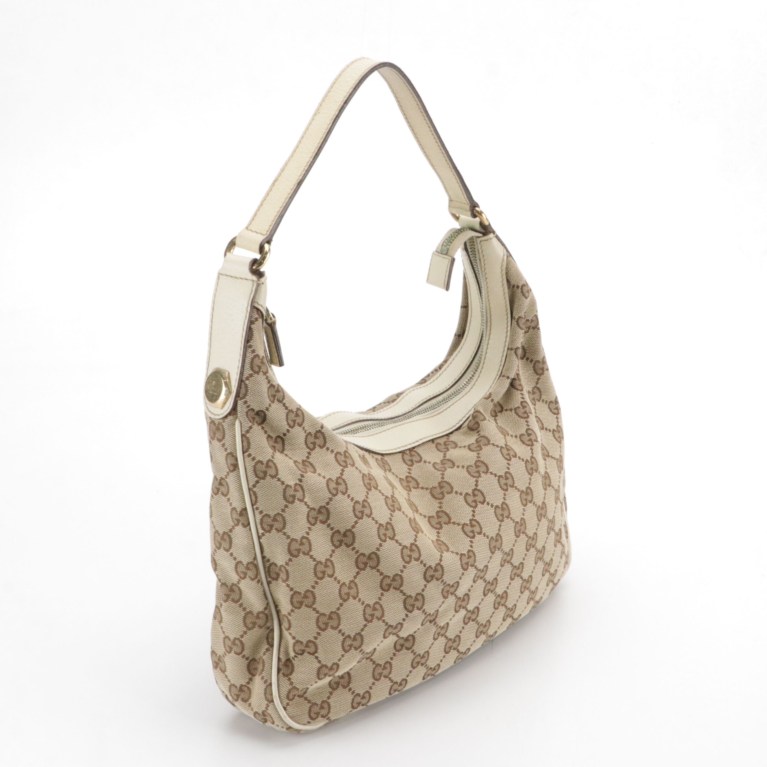 Gucci Hobo Shoulder Bag in GG Canvas and Ivory Leather Trim