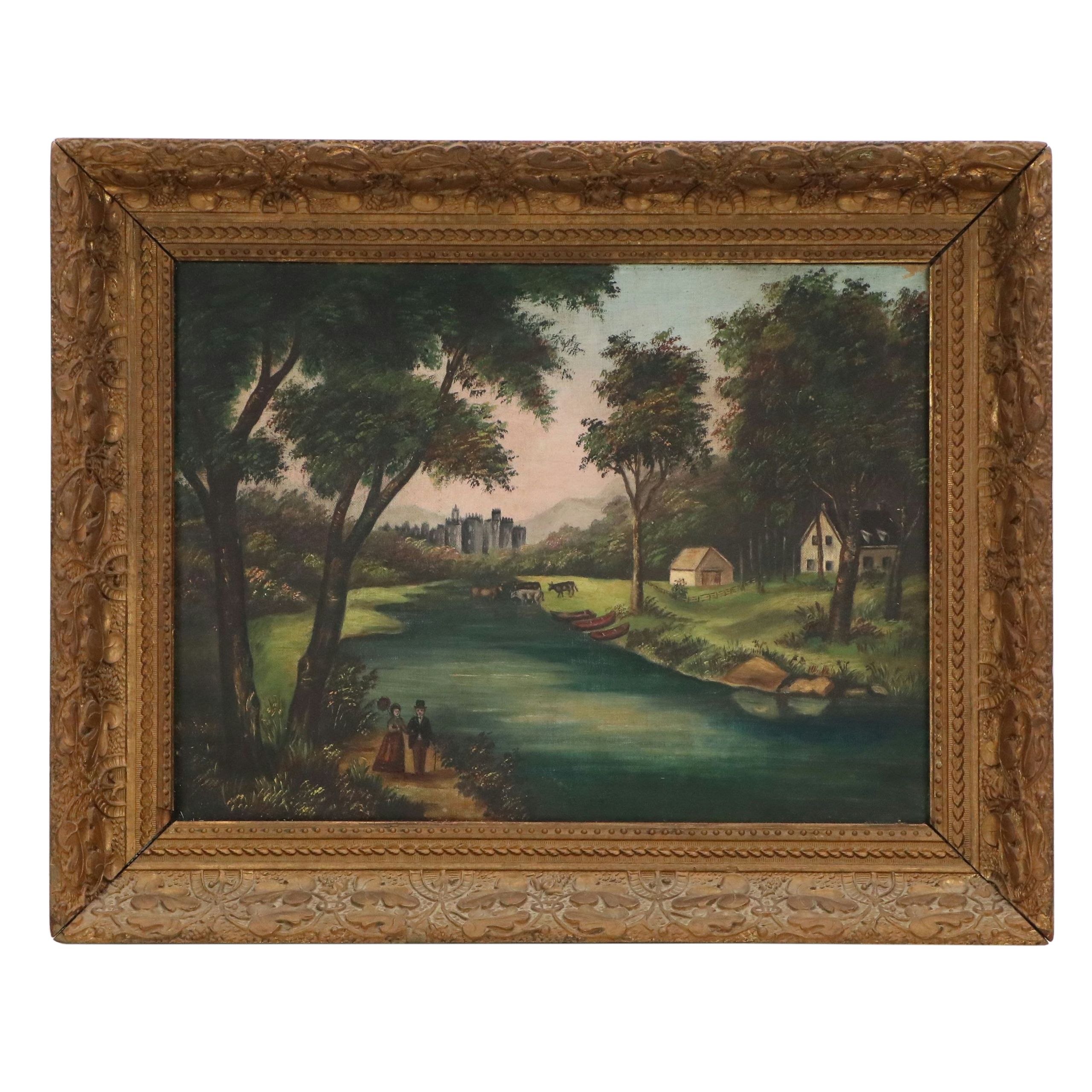 Capriccio Landscape Oil Painting with Castle, Late 19th to Early 20th Century